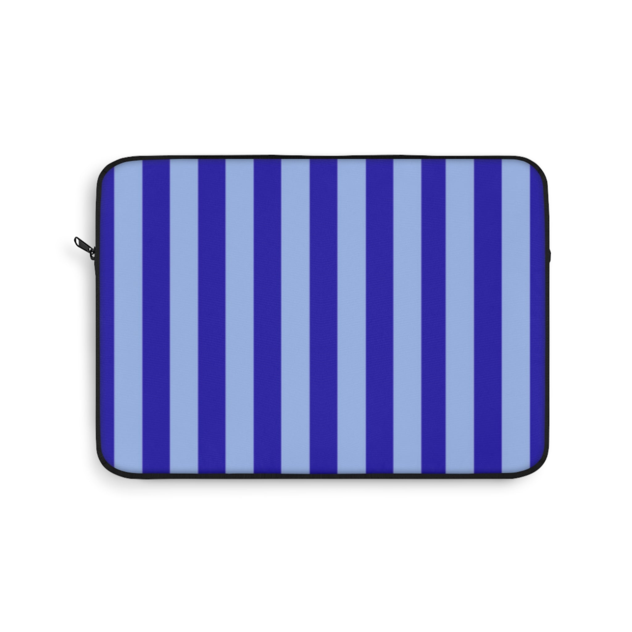Blue-and-white striped neoprene sleeve with zip closure and black edging
