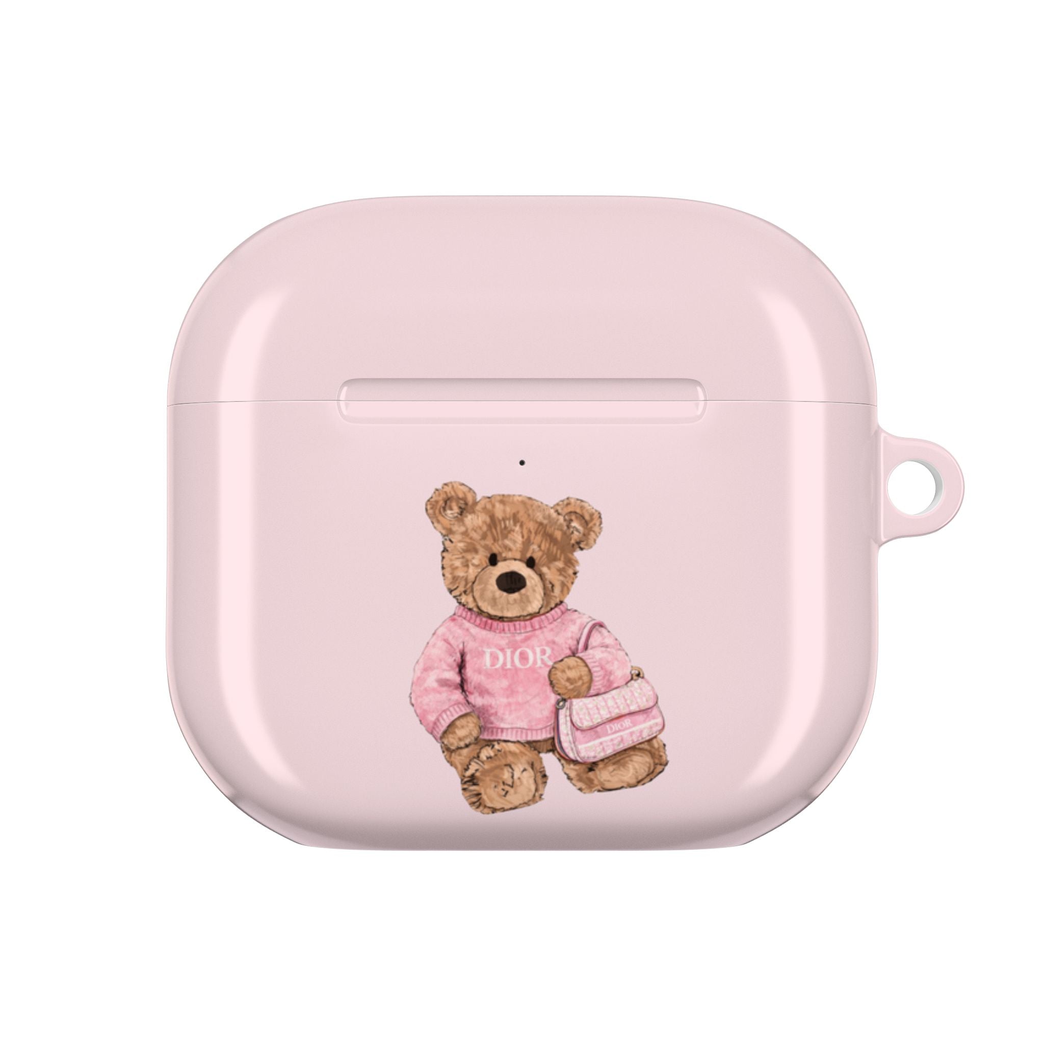 Baby pink Dior AirPods case with front teddy bear patch