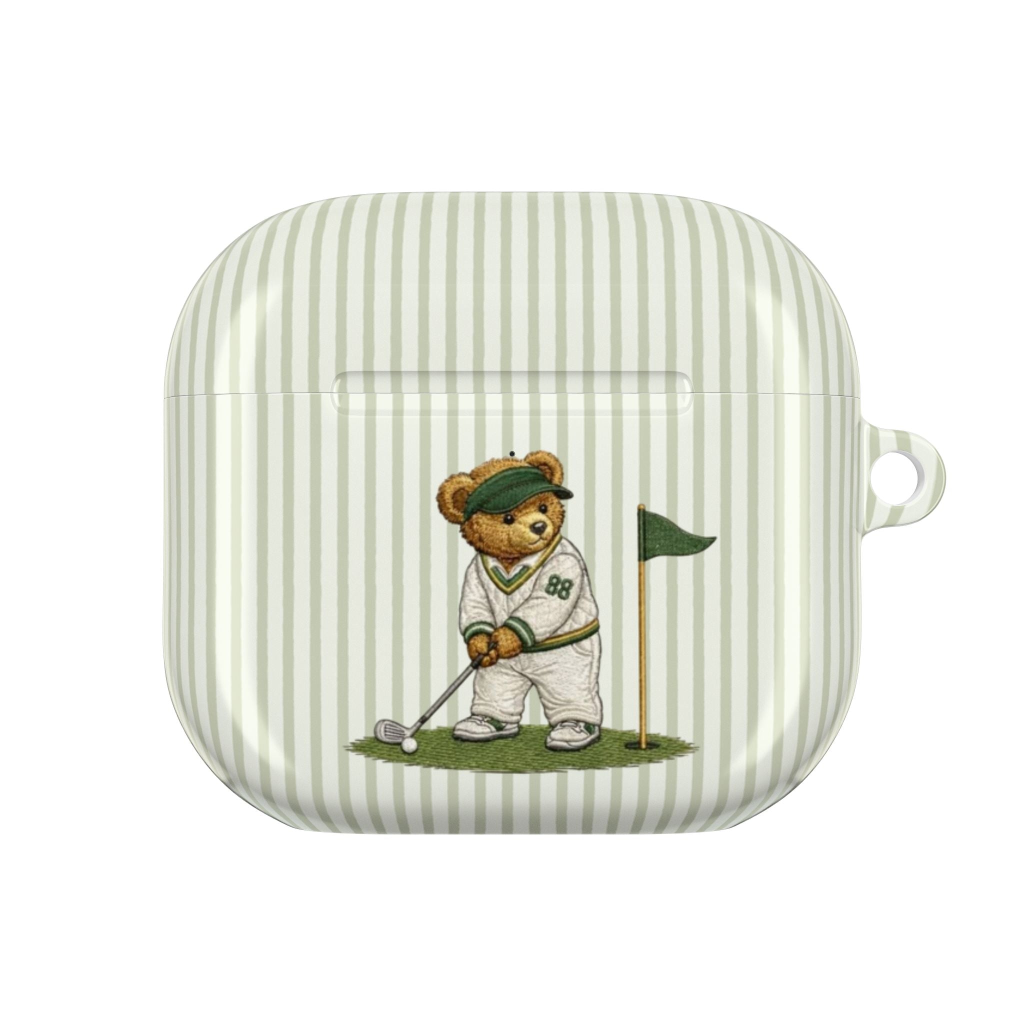 Green striped AirPods case with teddy golfer patch and strap loop, closed