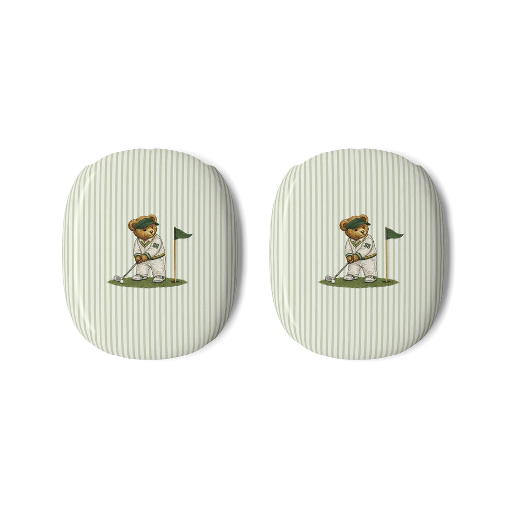 Green striped AirPods Max earcup covers with teddy bear golfer patch