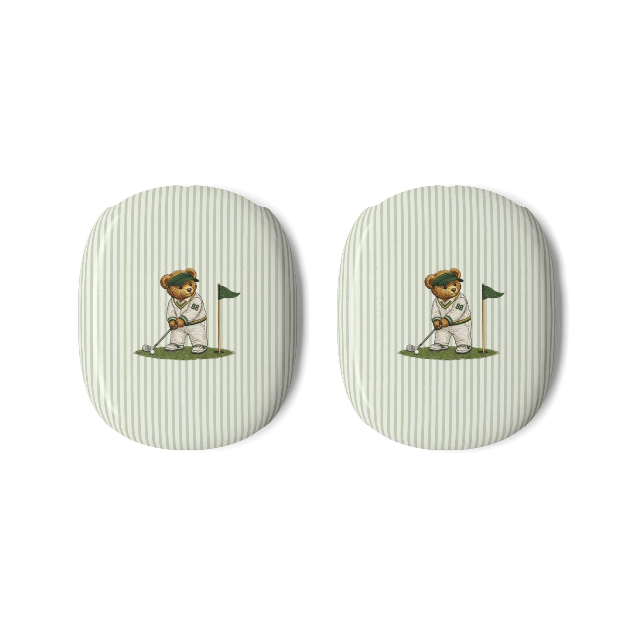Green striped AirPods Max earcup covers with teddy bear golfer patch
