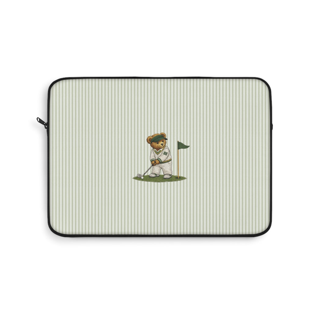 Neoprene device sleeve with vertical light green stripes, teddy golfer patch, and zip closure