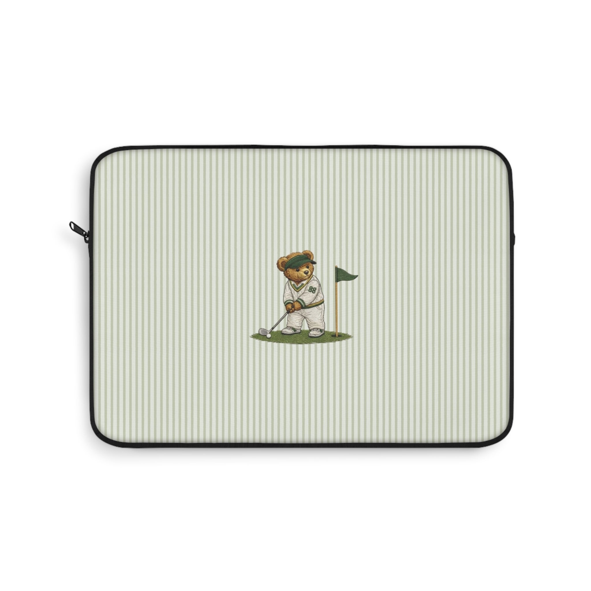 Neoprene device sleeve with vertical light green stripes, teddy golfer patch, and zip closure