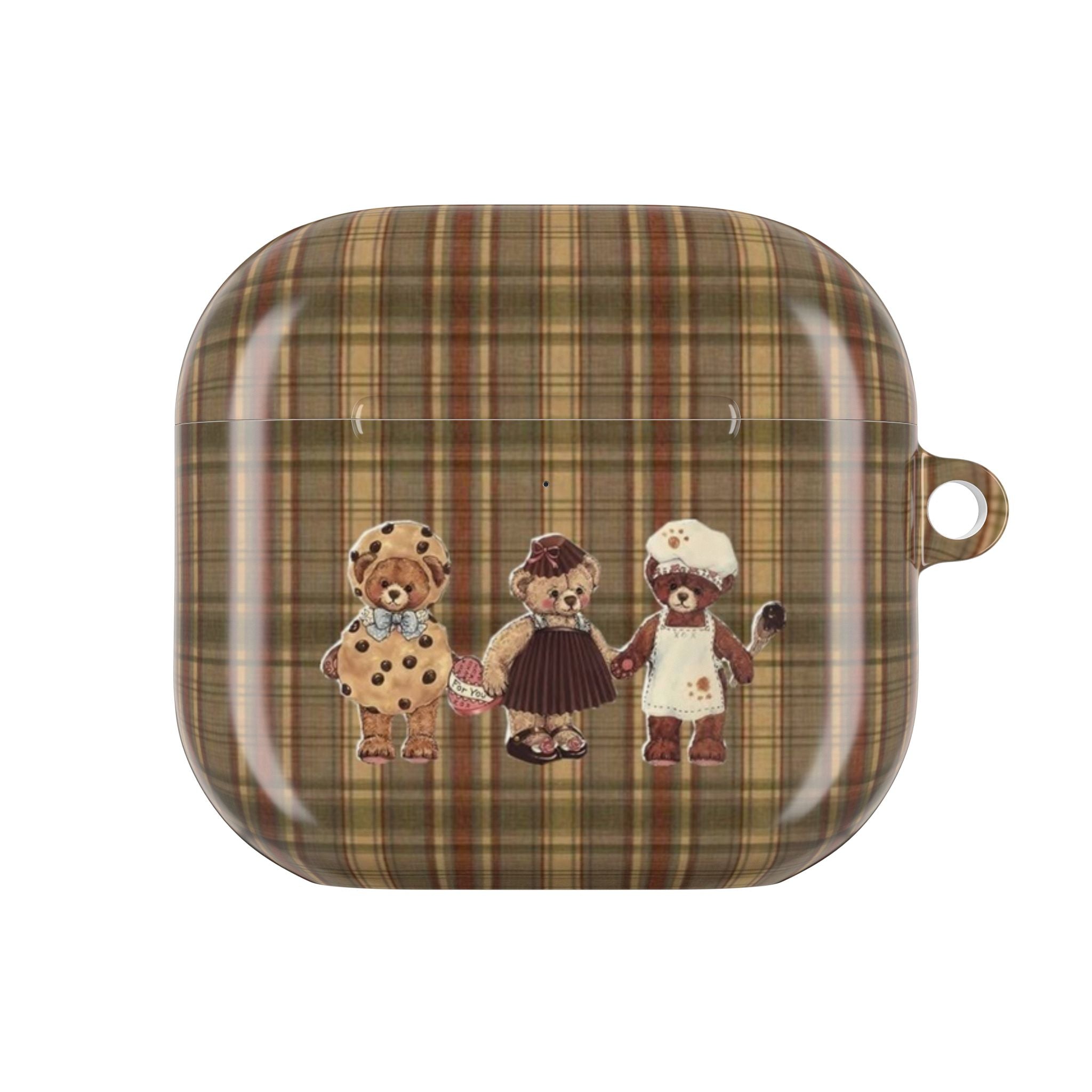 Brown plaid AirPods case with teddy bear appliques and clear charging access