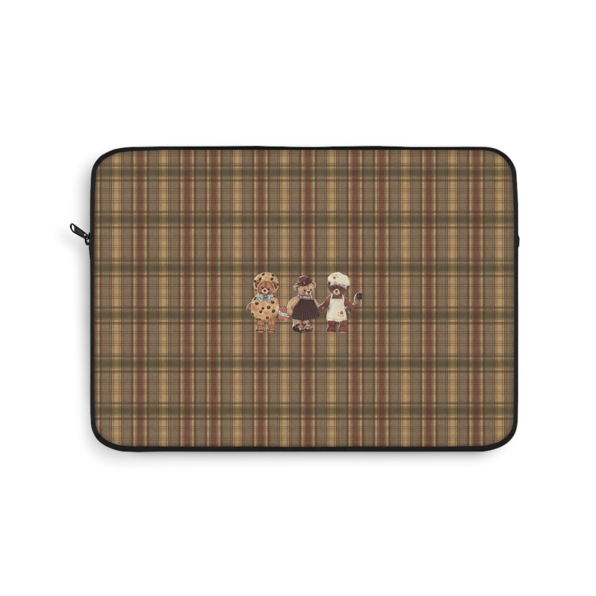 Brown plaid neoprene sleeve with three teddy bear figures and zip closure.