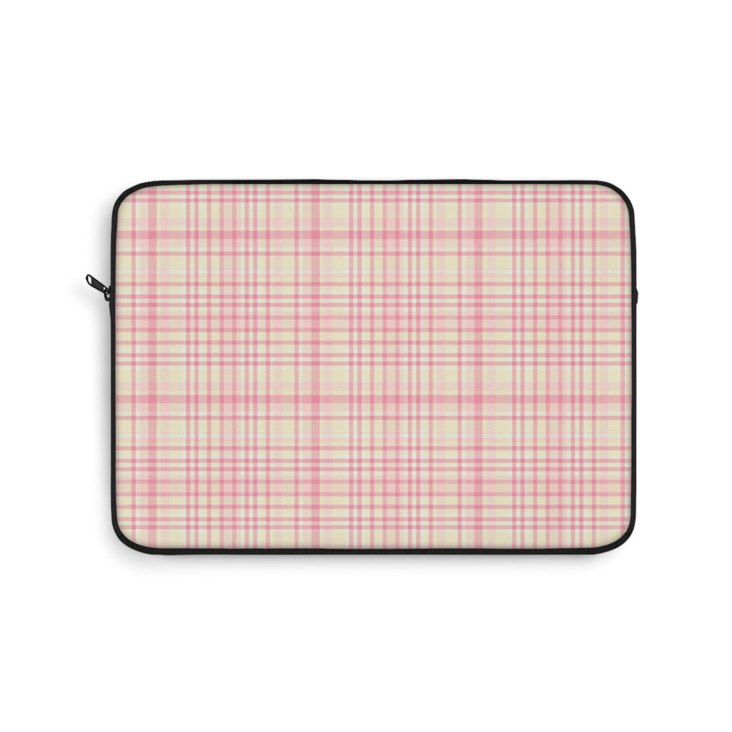 Plaid laptop sleeve with zipper, pink-and-cream check pattern and black edging