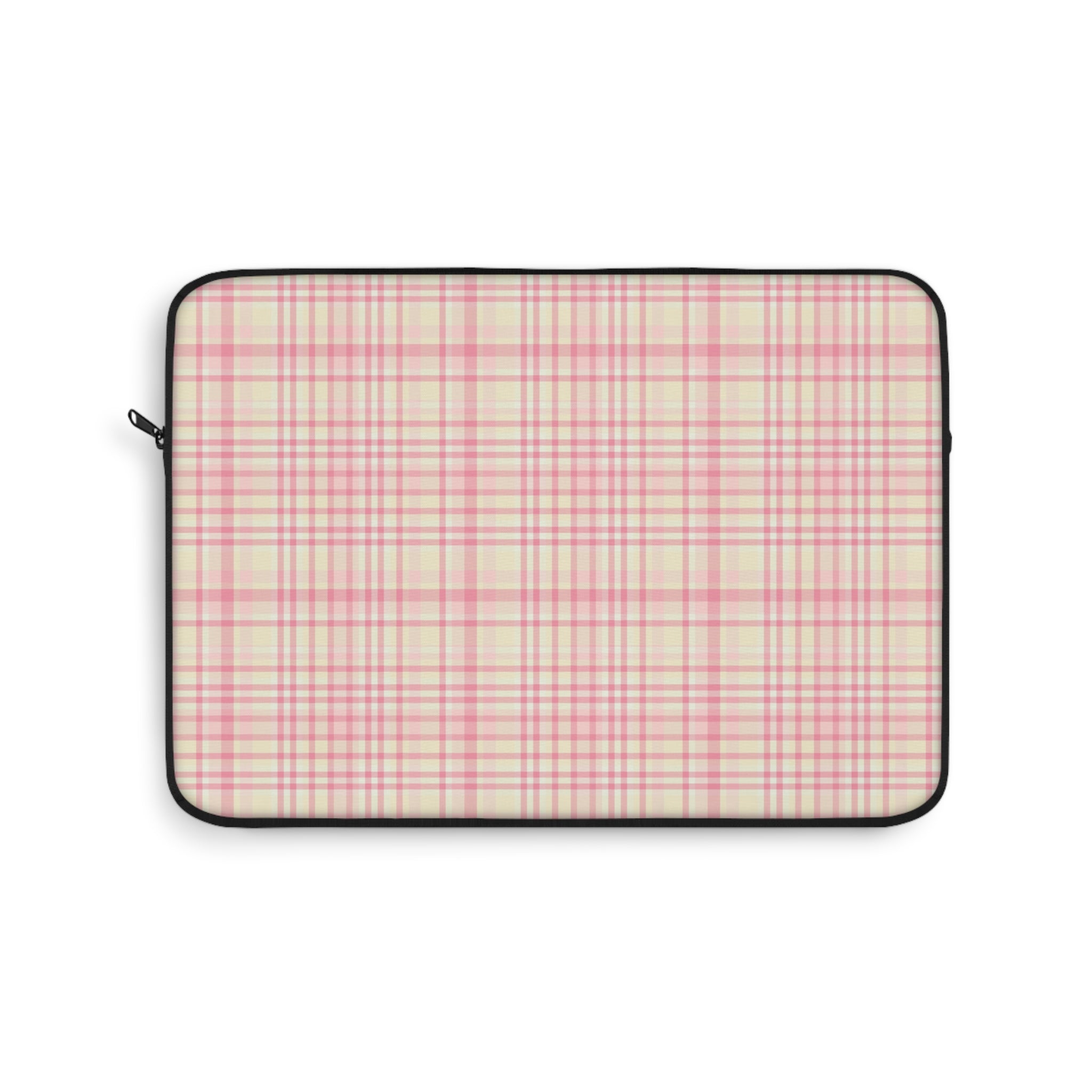 Plaid laptop sleeve with zipper, pink-and-cream check pattern and black edging
