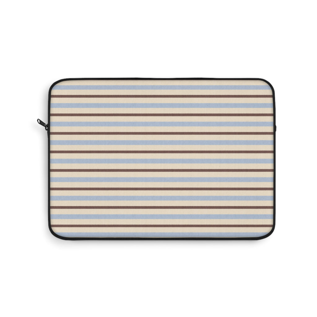Striped tablet laptop sleeve with zip closure, beige background with blue and brown stripes