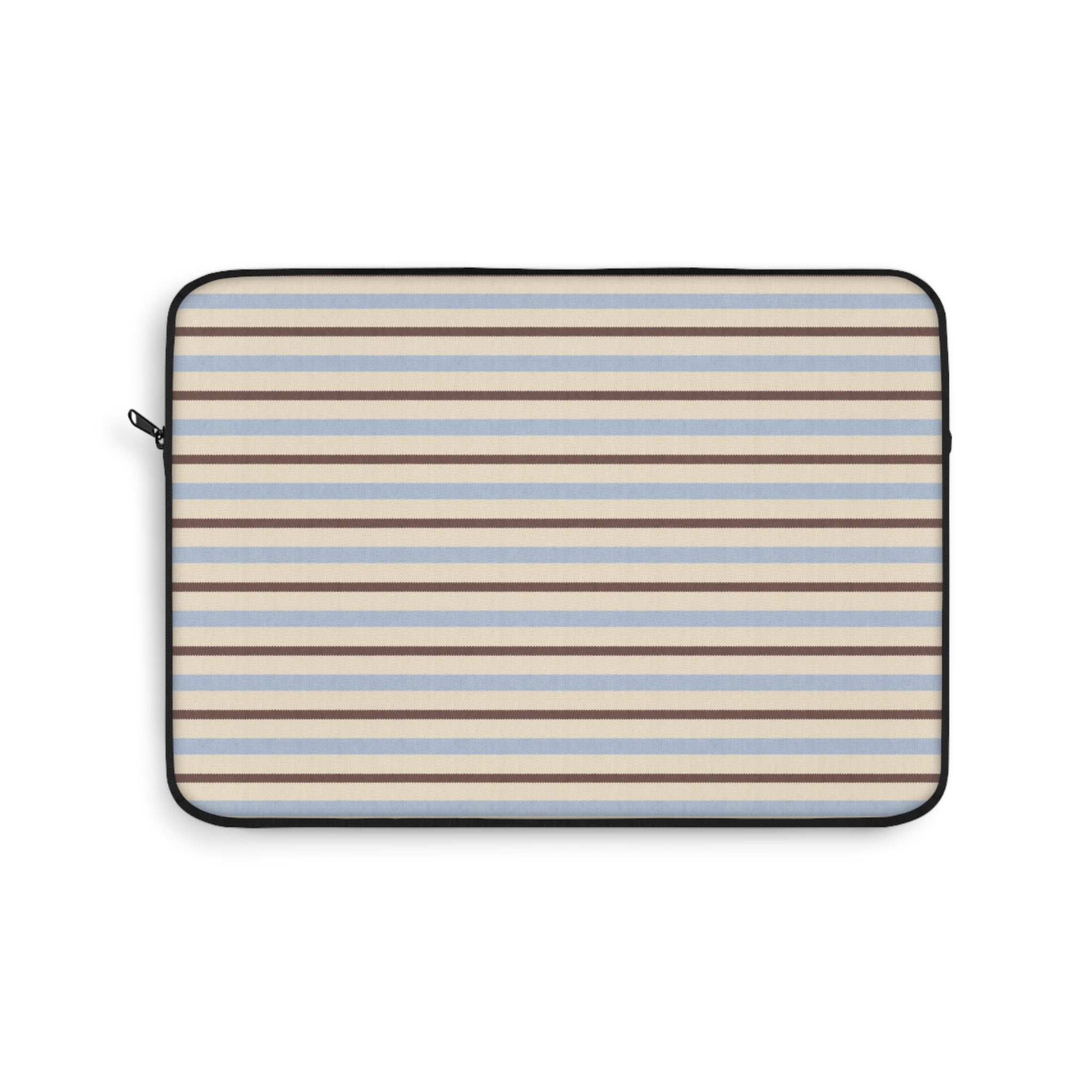 Striped tablet laptop sleeve with zip closure, beige background with blue and brown stripes