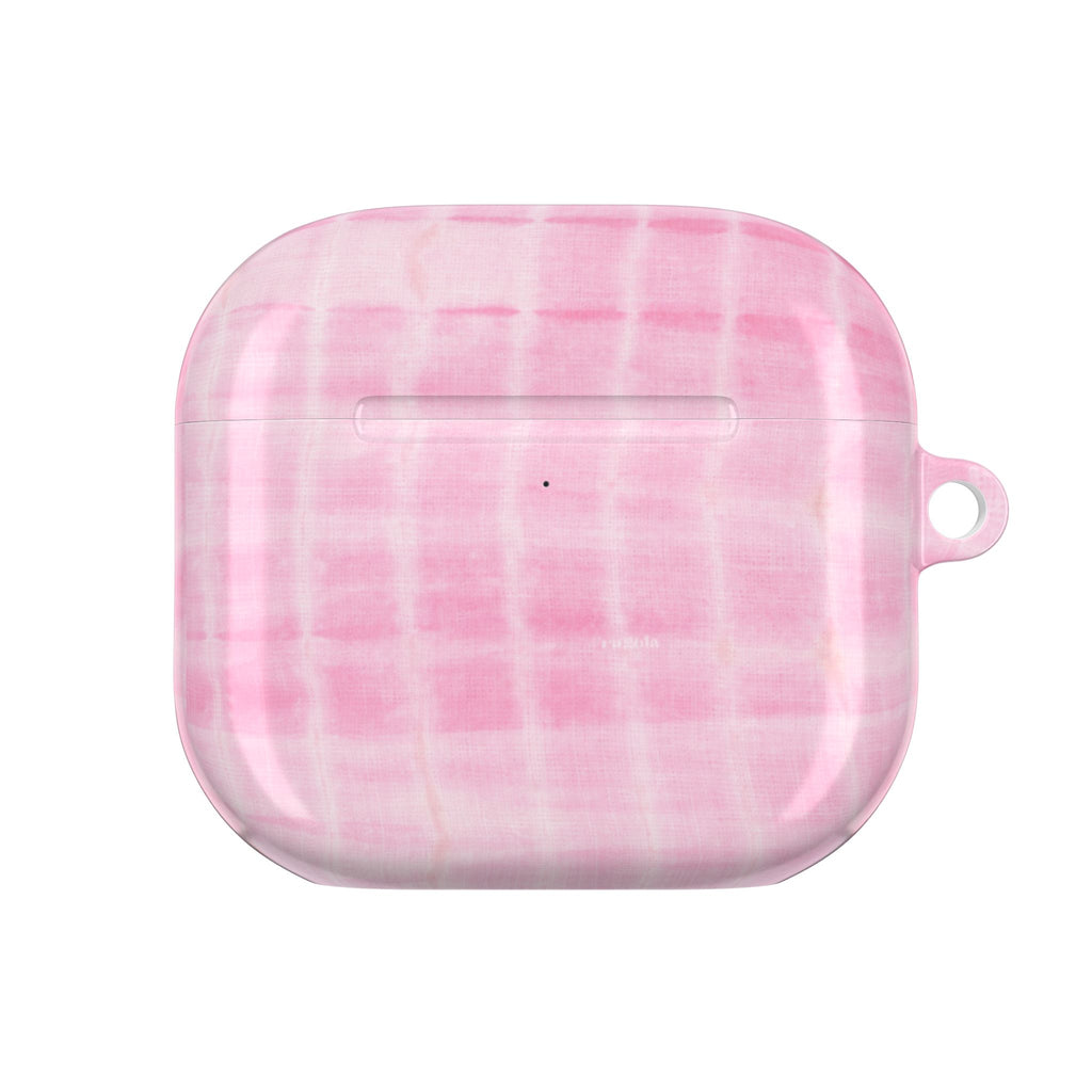 AirPod case in baby pink shibori tie-dye, closed front with lanyard hole