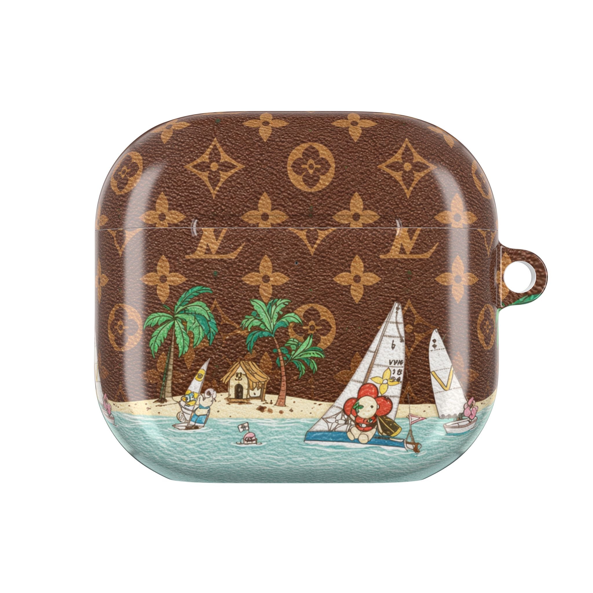 Brown AirPods case with clear front, palm-tree beach scene and sailboats
