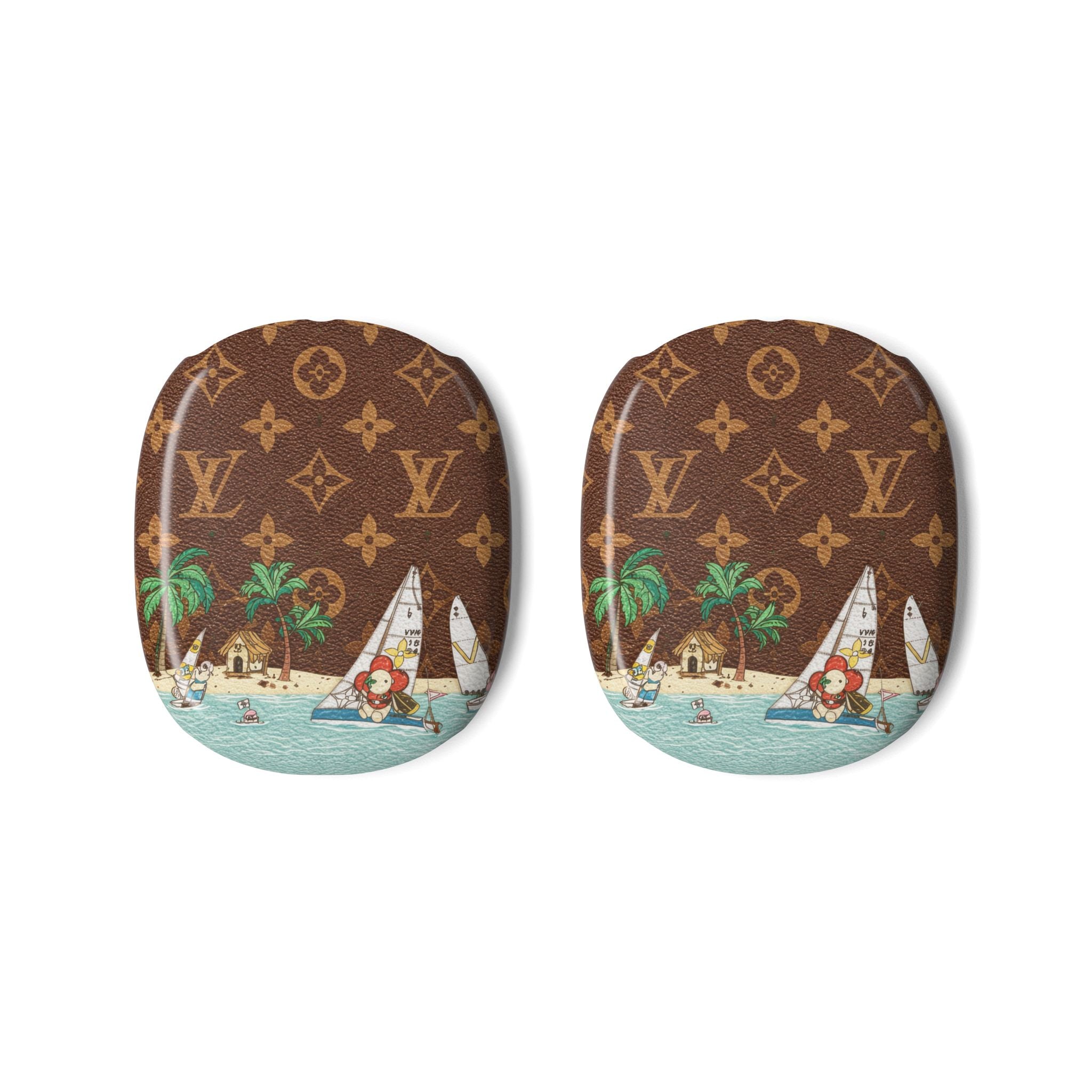 Pair of brown AirPods Max case covers with LV monogram and tropical beach scene
