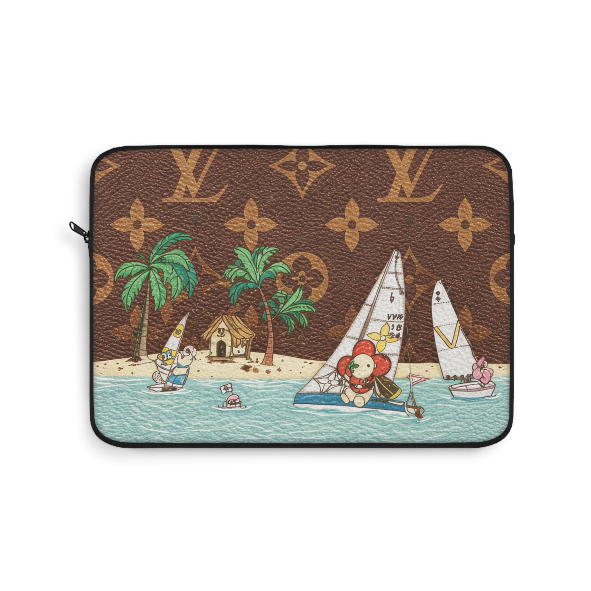 LV monogram laptop sleeve in brown with zipper and sailboat scene