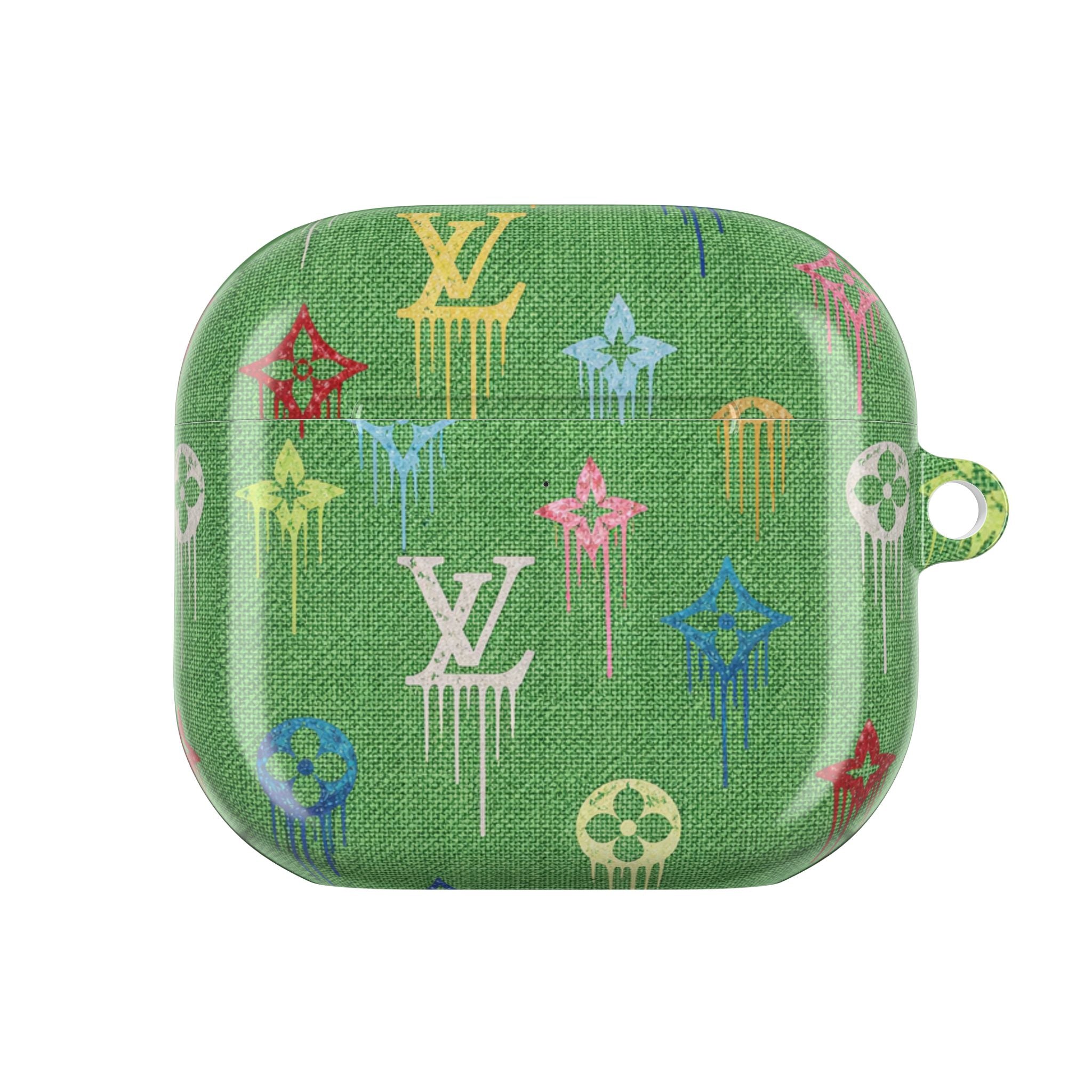 Green LV watercolor AirPod case with multicolor pattern, closed