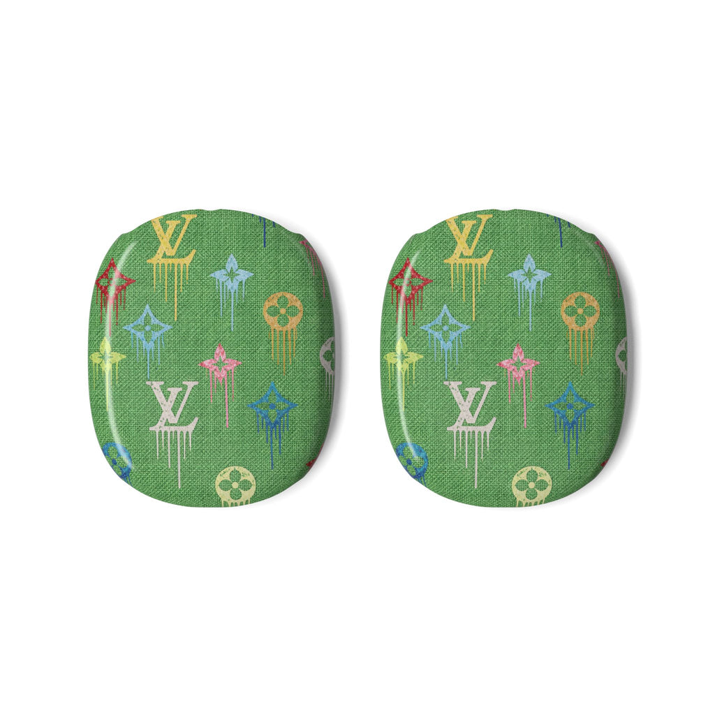 Green AirPods Max case covers with multicolor LV monogram pattern