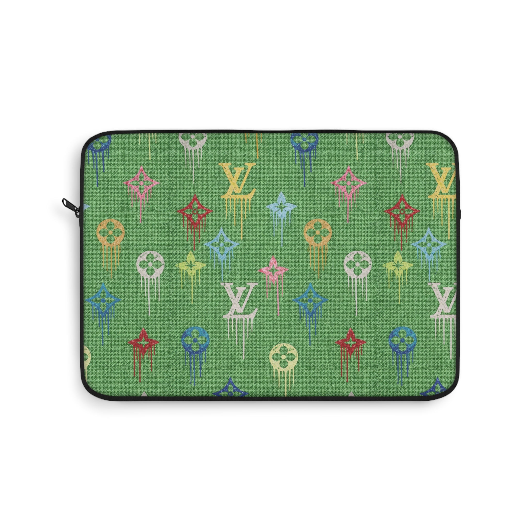 Green tech sleeve with multicolor LV-style symbol pattern and black zipper border