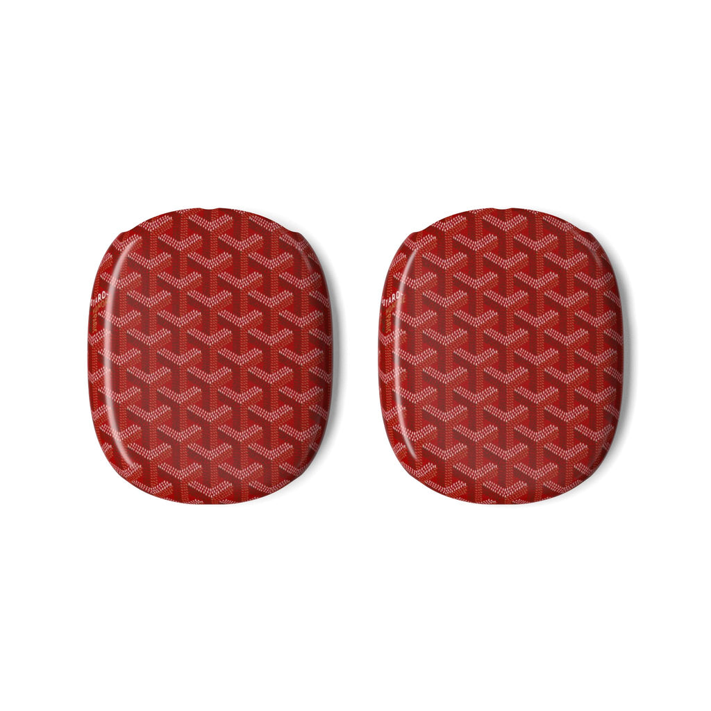 Red earcup case covers with geometric Goyard-style pattern for AirPods Max