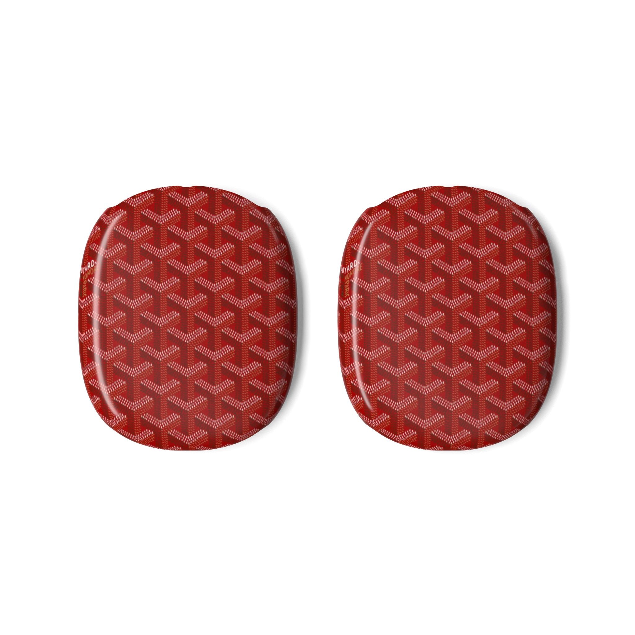 Red earcup case covers with geometric Goyard-style pattern for AirPods Max