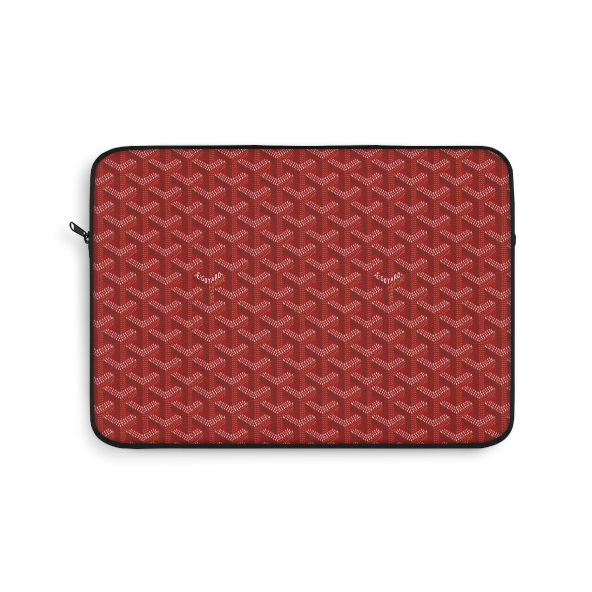 Red Goyard-pattern laptop sleeve, zippered case with black border