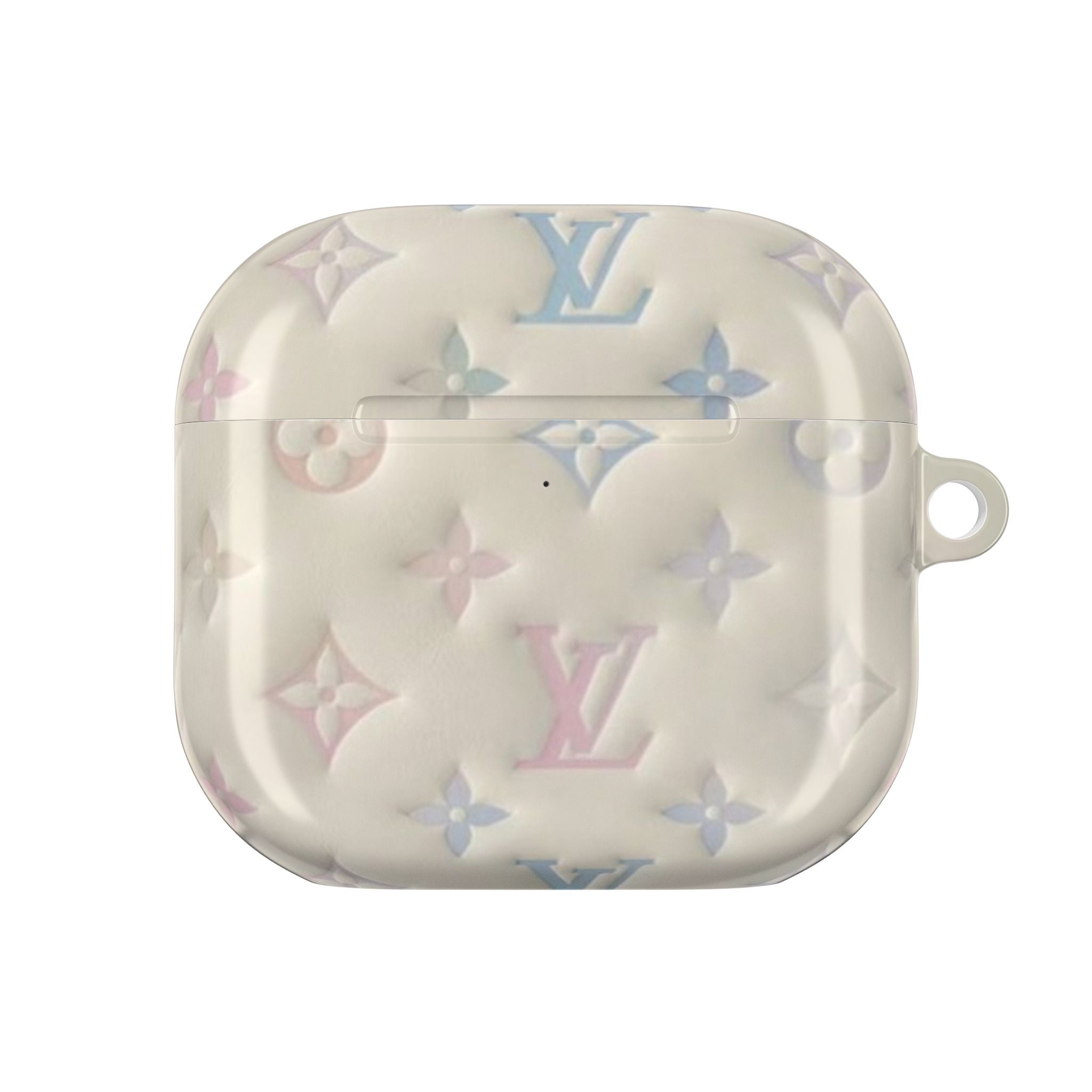 Ivory AirPods case with pastel flowers and LV monogram; front half closed