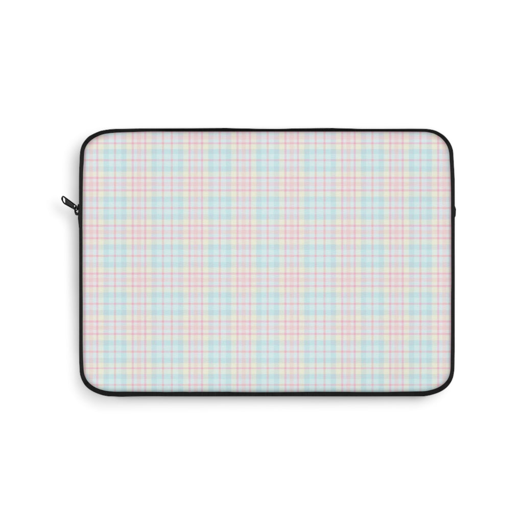 Pastel plaid device sleeve with black zipper trim and rounded edges.