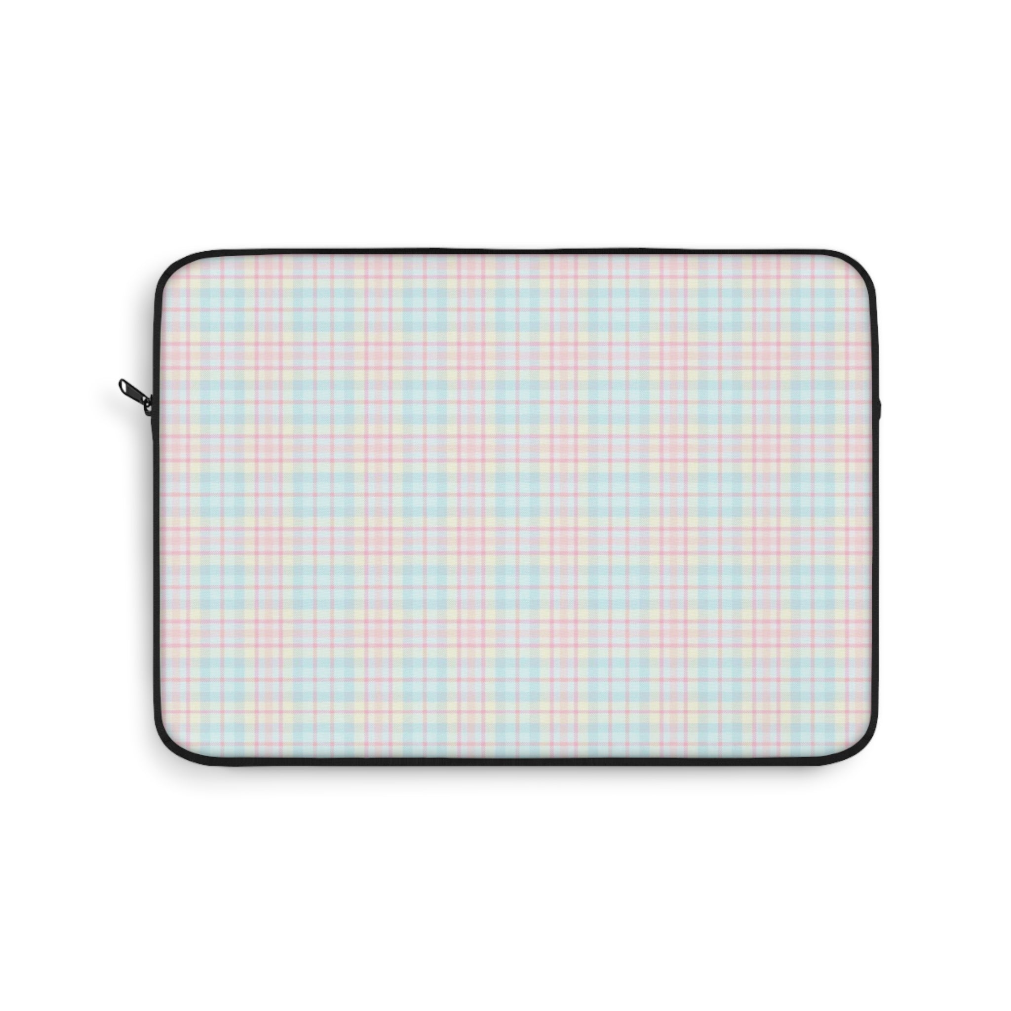 Pastel plaid device sleeve with black zipper trim and rounded edges.