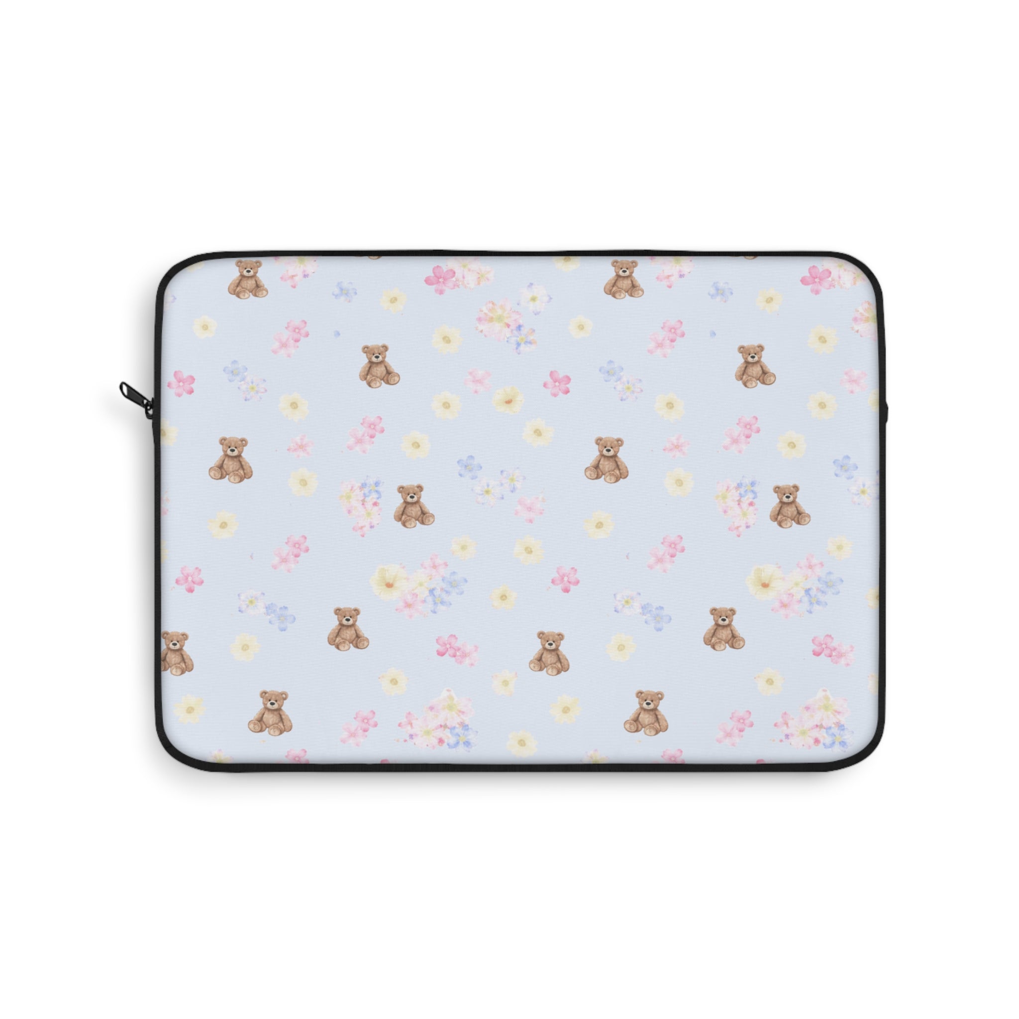 Tablet sleeve, light blue with teddy bears and flowers pattern, black zipper trim.