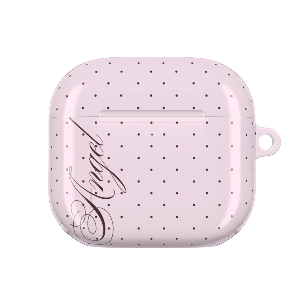 Pink polka dot AirPods case with black script design and side opening