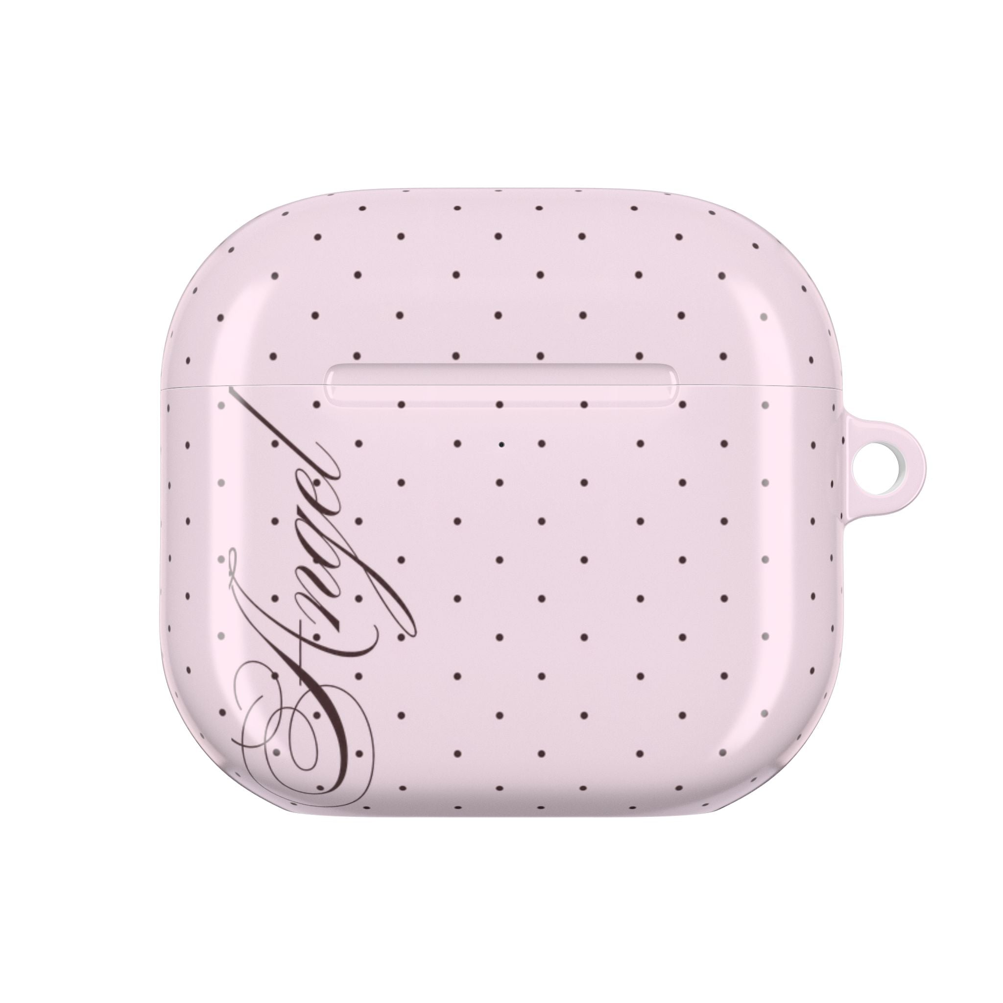 Pink polka dot AirPods case with black script design and side opening