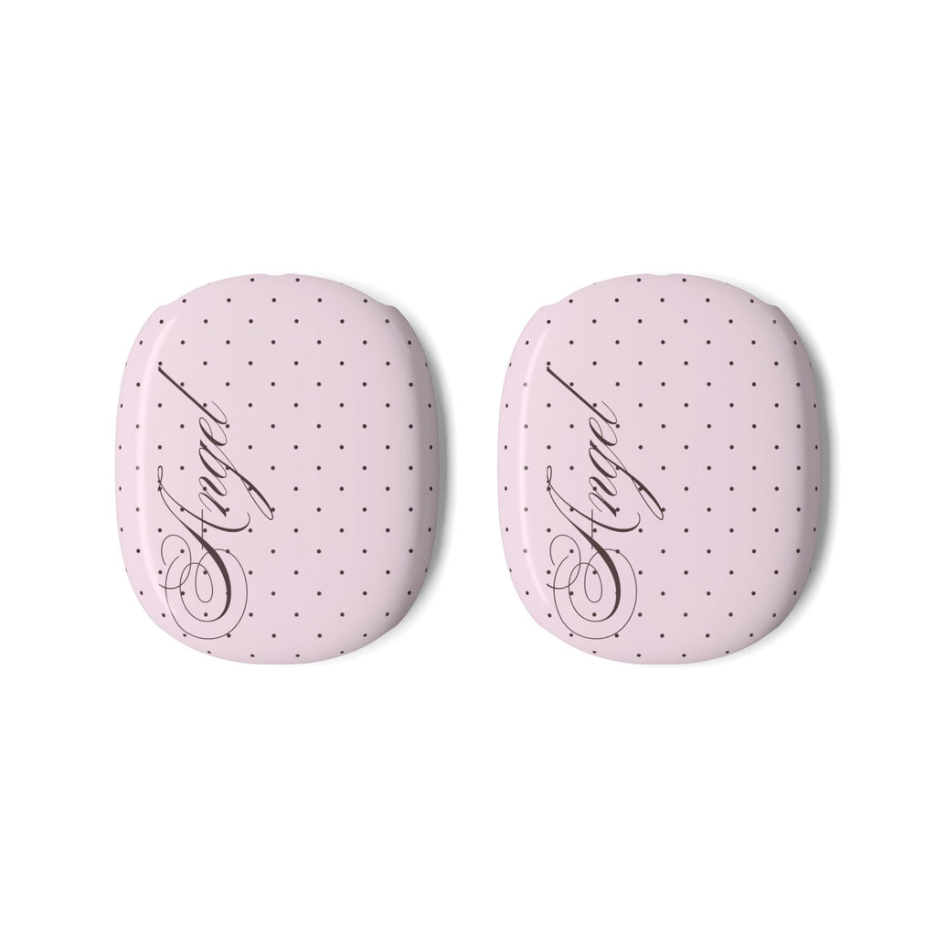 Pink polka dot AirPods Max case covers with script logo, matching earcup shells.