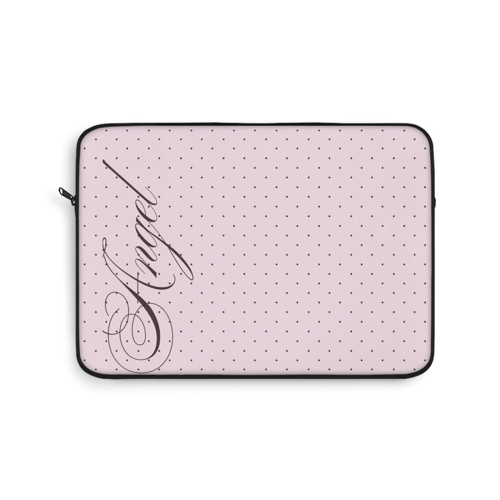 Pink polka dot zippered sleeve with angel face and script print
