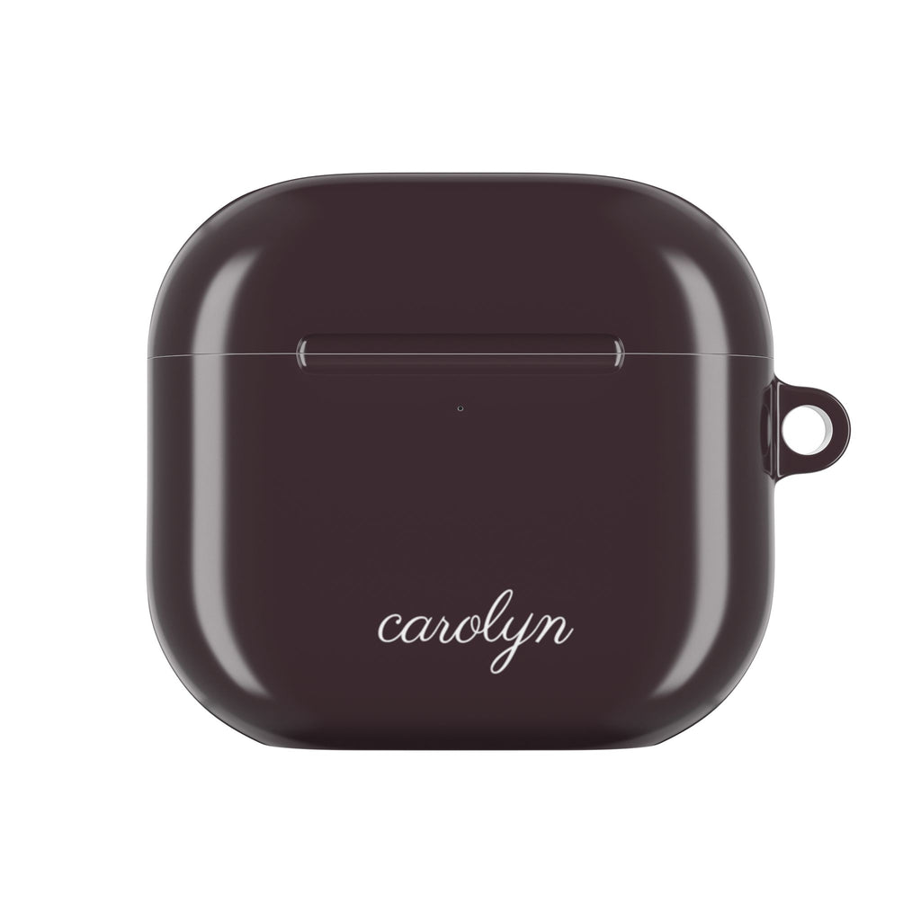 Plum AirPods case with white 'carolyn' name, lid closed front view