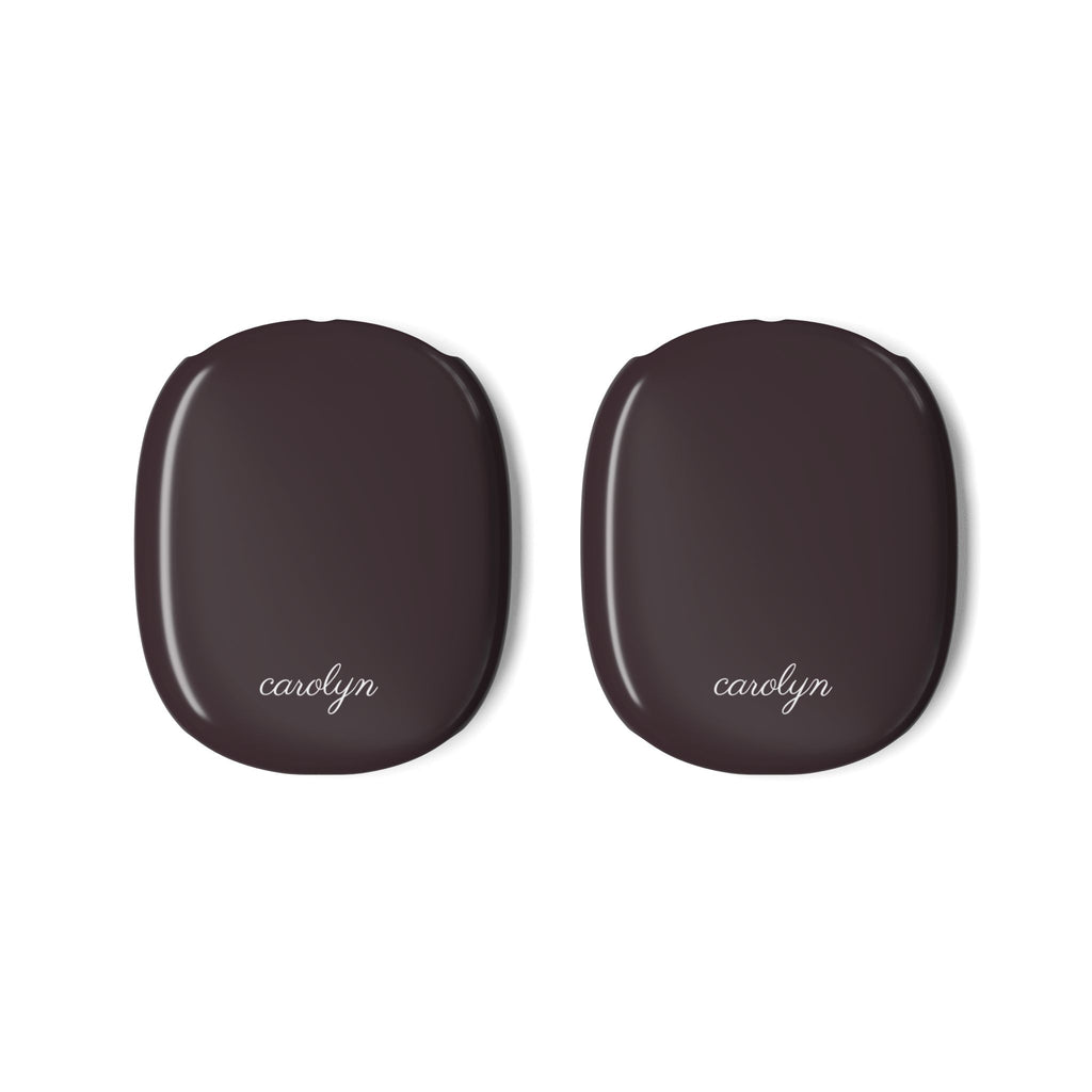 Plum AirPods Max earcup cover pair with “carolyn” text on glossy panels