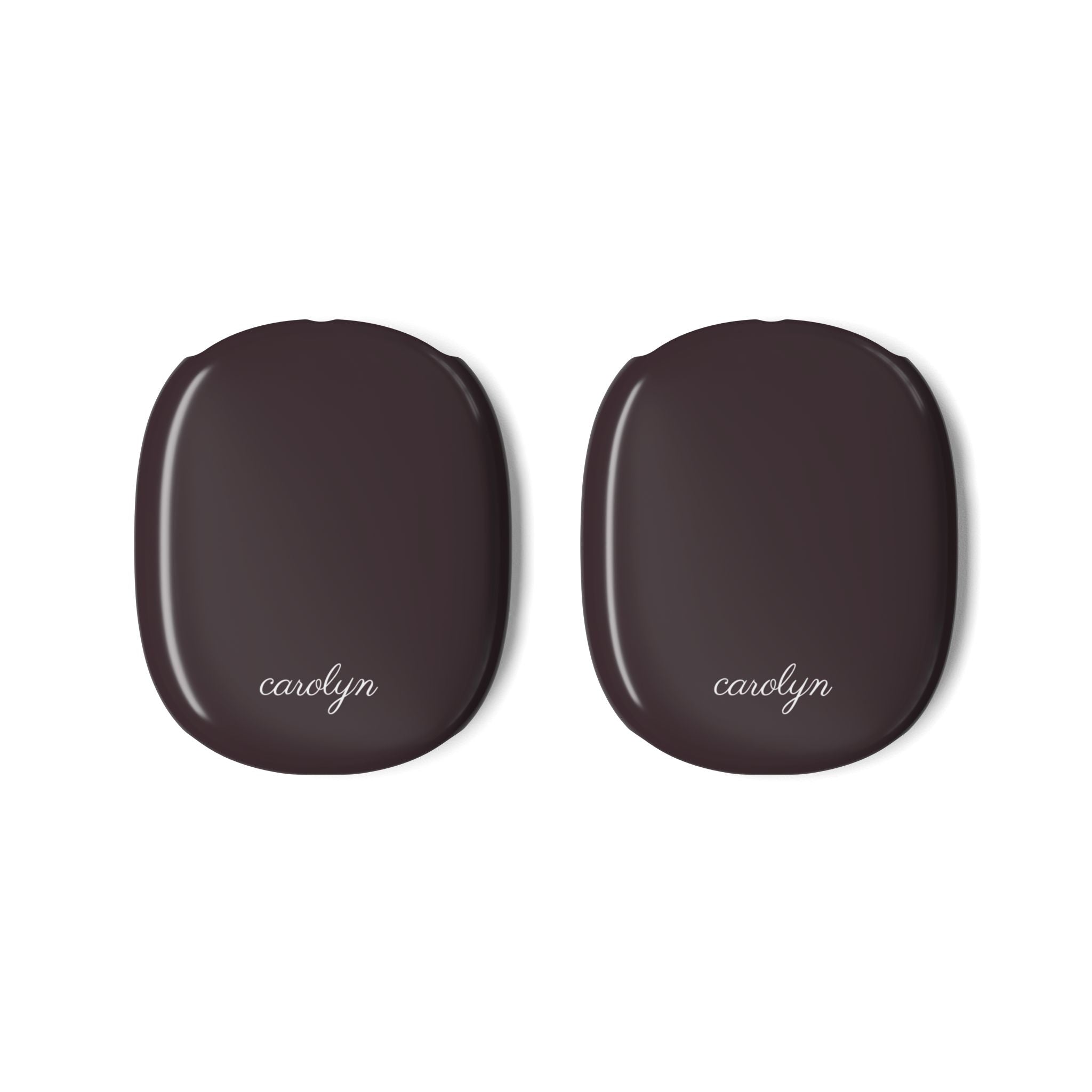 Plum AirPods Max earcup cover pair with “carolyn” text on glossy panels
