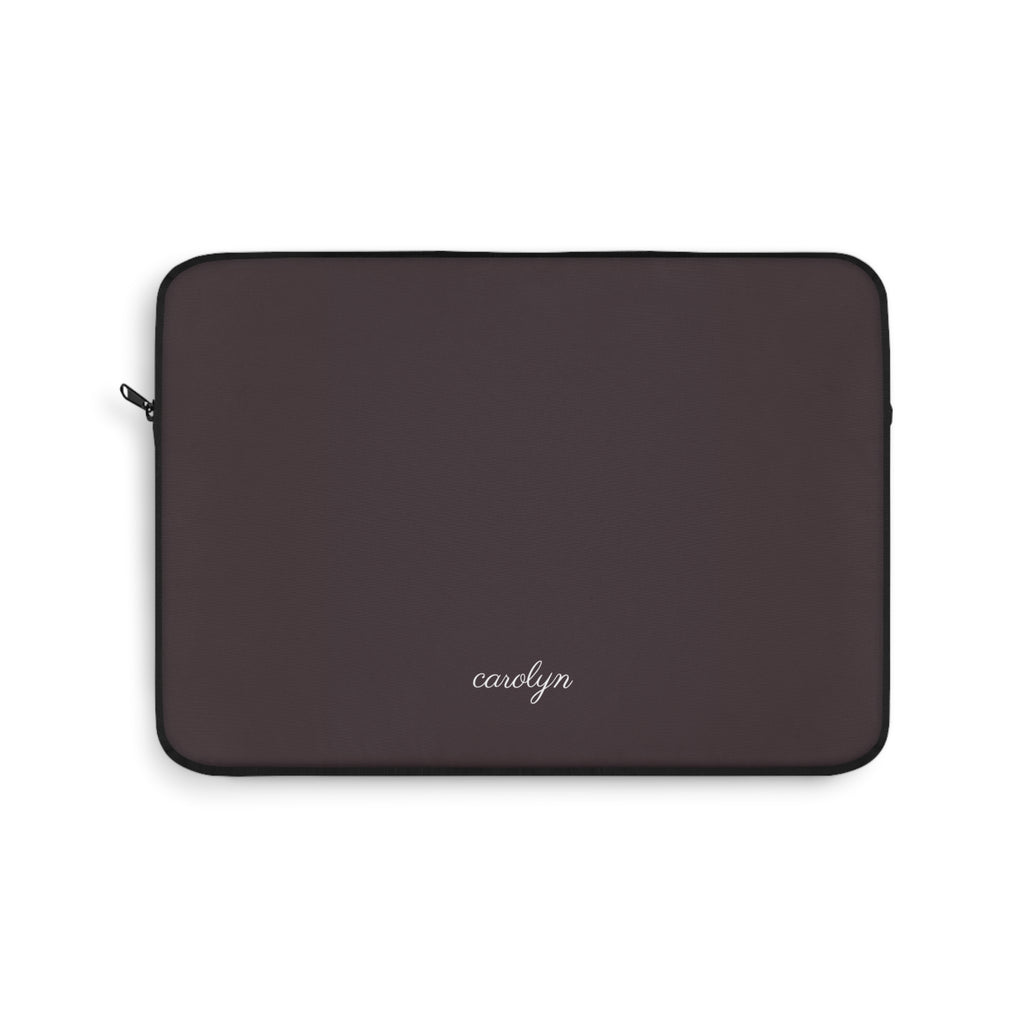 Dark plum laptop sleeve with name "carolyn" on front and zippered closure