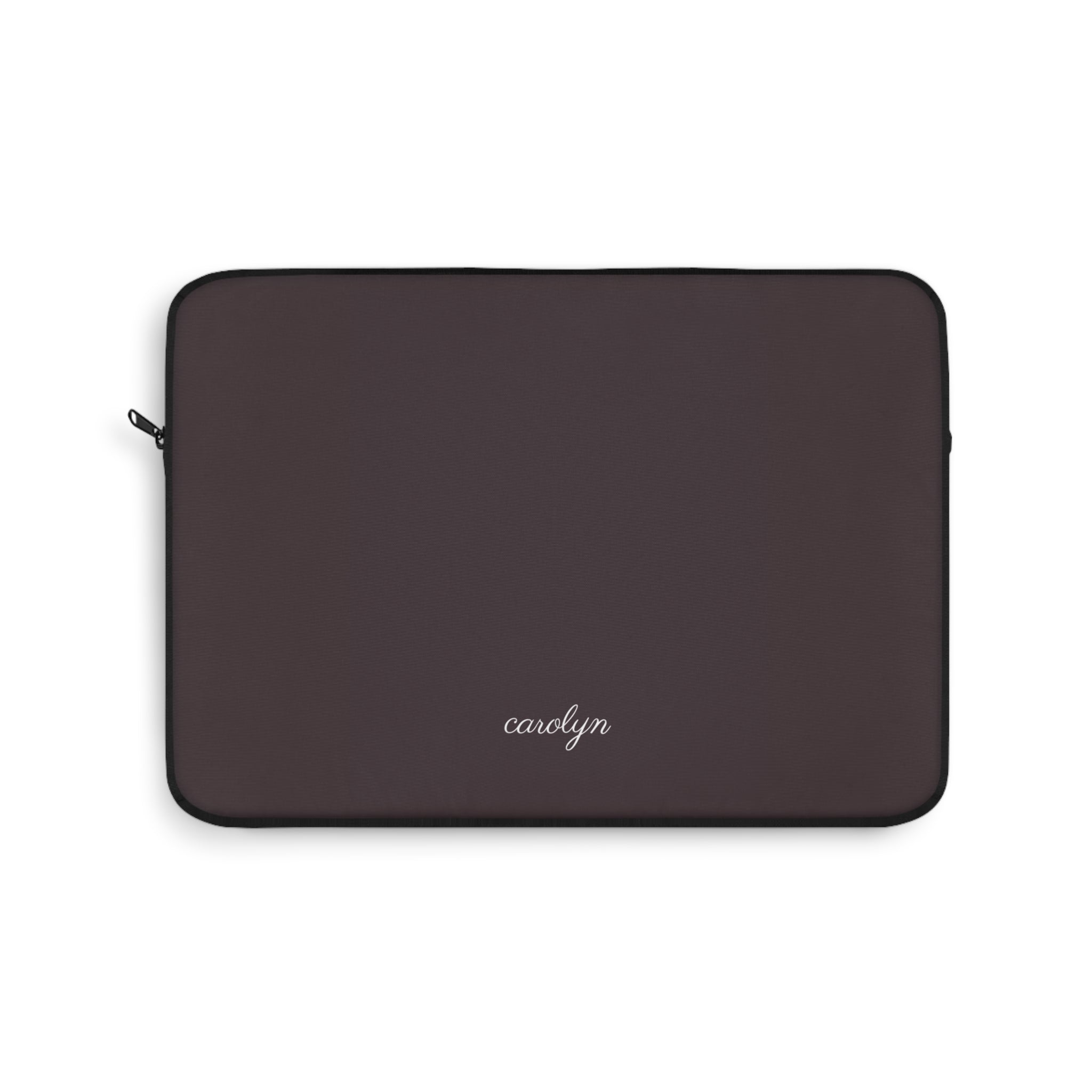 Dark plum laptop sleeve with name "carolyn" on front and zippered closure