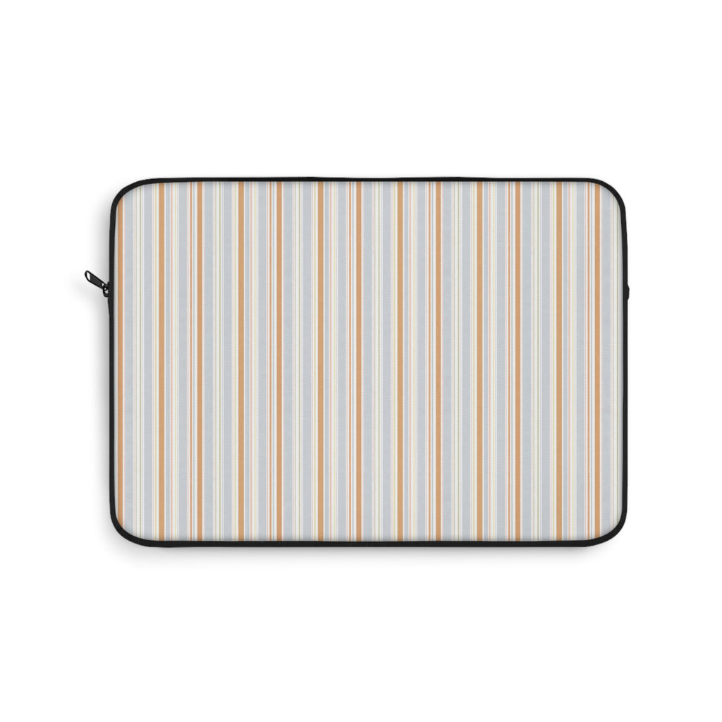 Laptop sleeve with vertical oat-and-sky stripe pattern and black zipper trim.