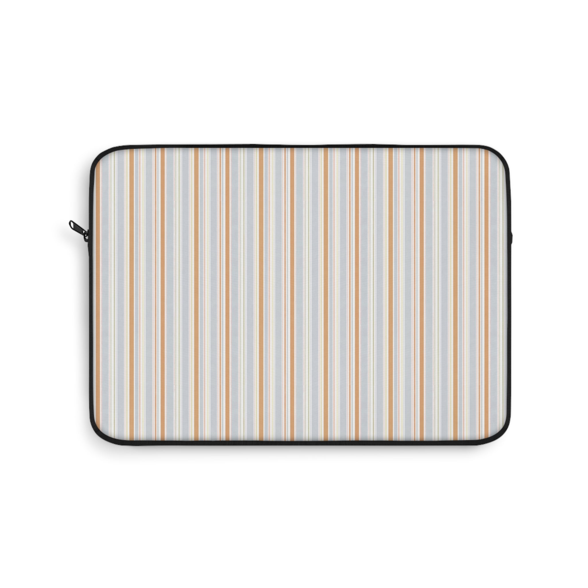 Laptop sleeve with vertical oat-and-sky stripe pattern and black zipper trim.