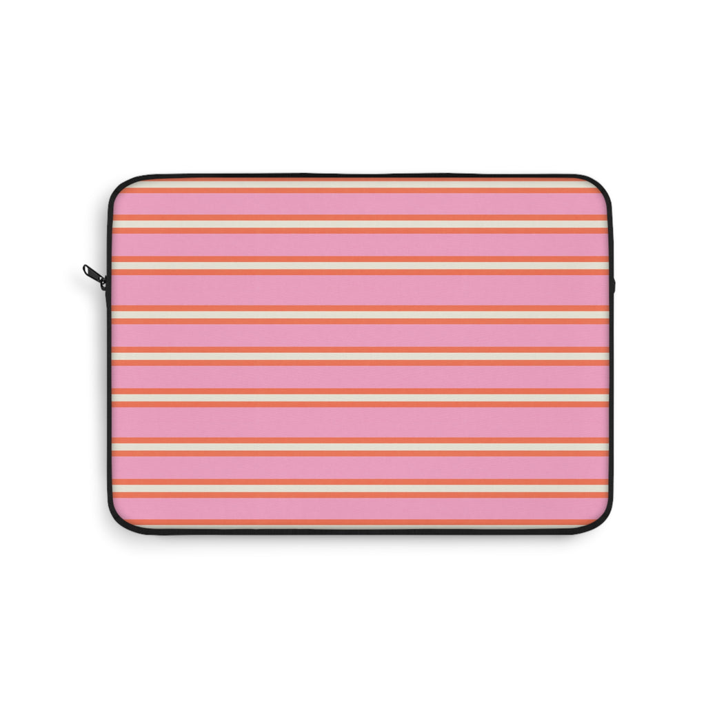 Striped laptop sleeve with pink and orange horizontal stripes and black zip trim