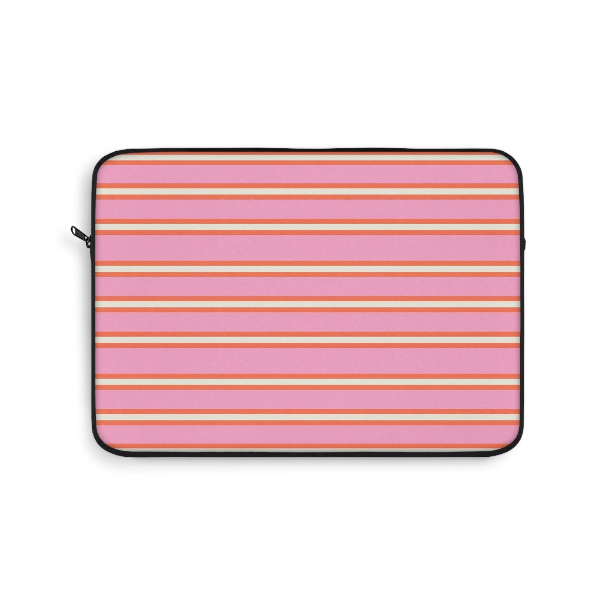 Striped laptop sleeve with pink and orange horizontal stripes and black zip trim