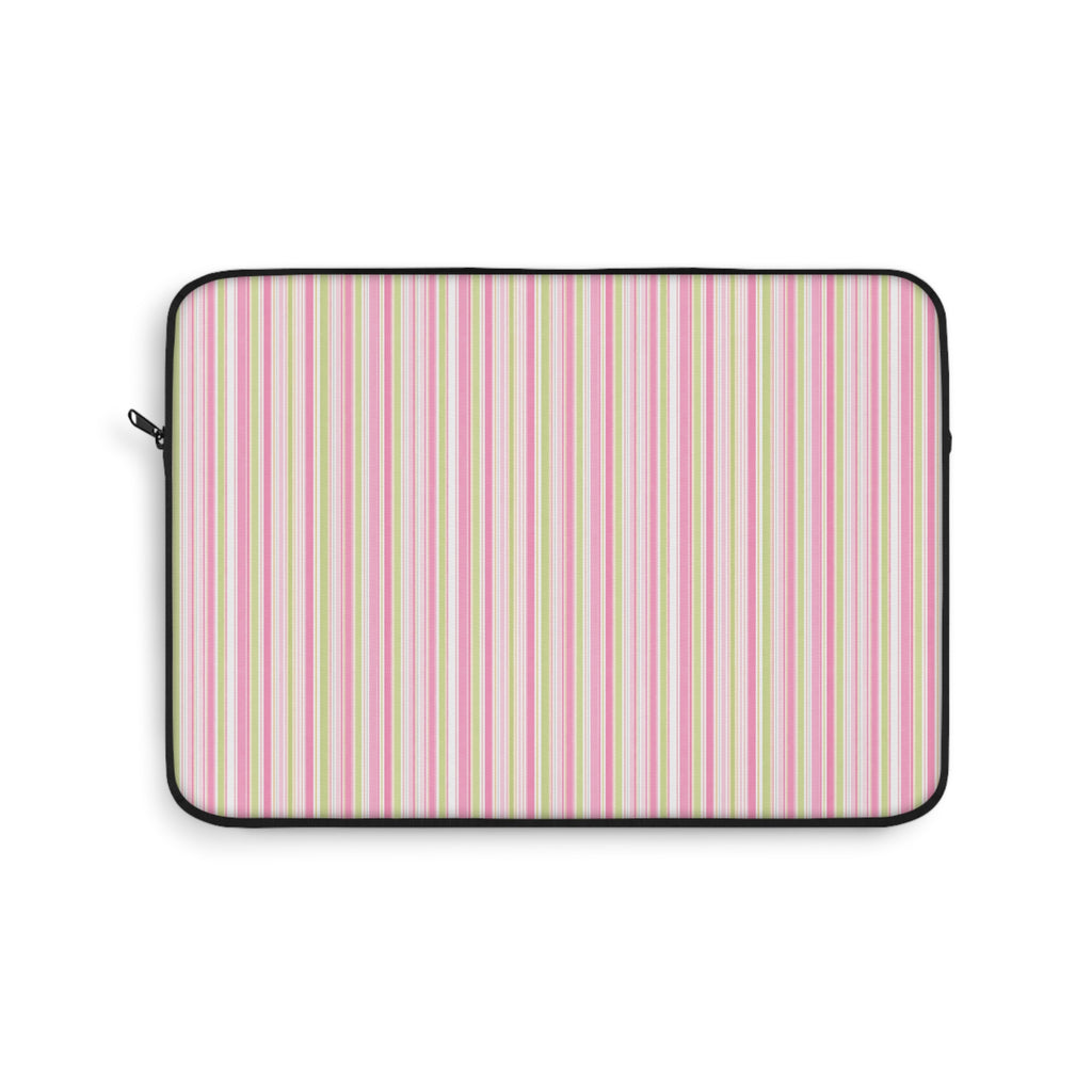 Striped tablet sleeve with vertical pink, green, and cream stripes and black zipper trim