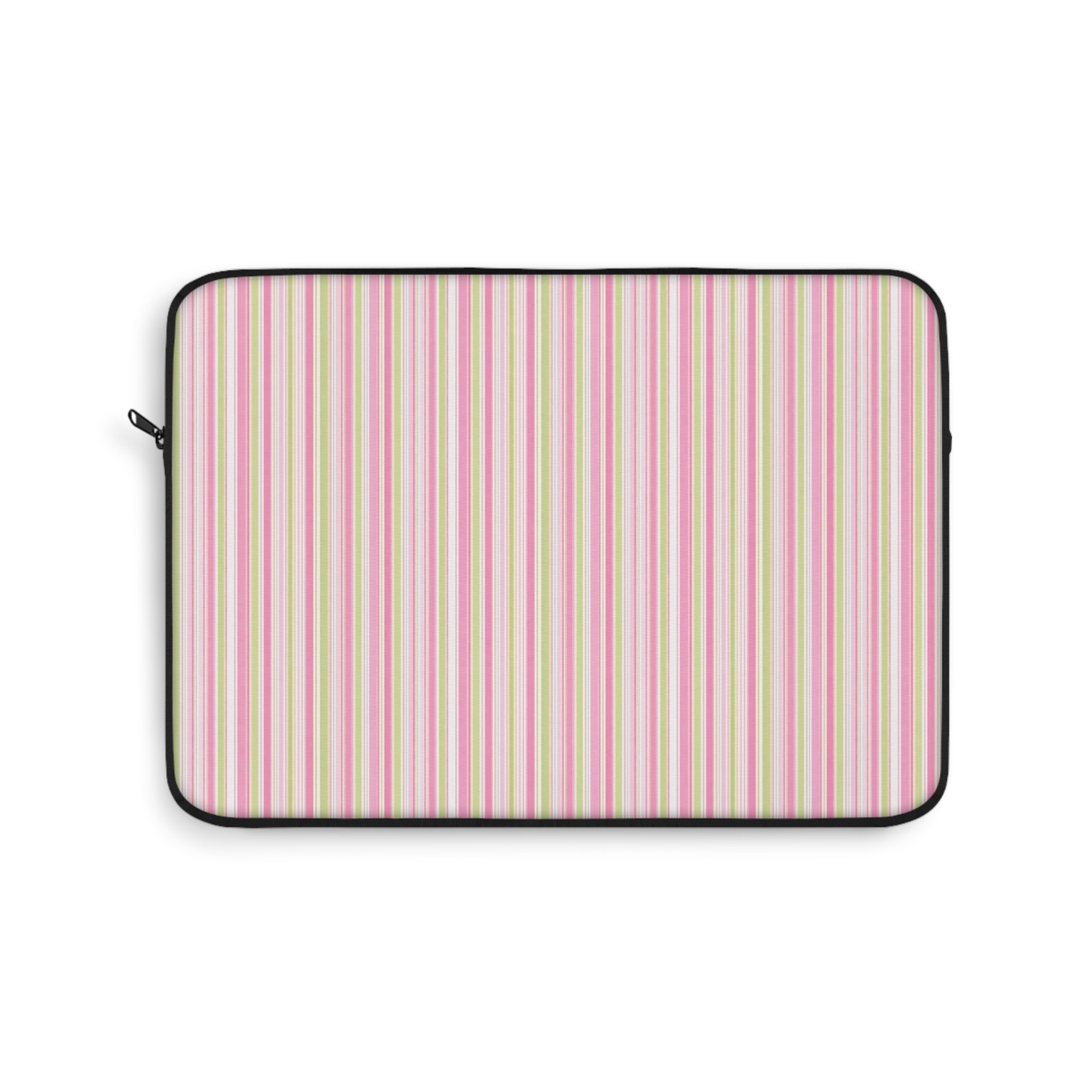Striped tablet sleeve with vertical pink, green, and cream stripes and black zipper trim