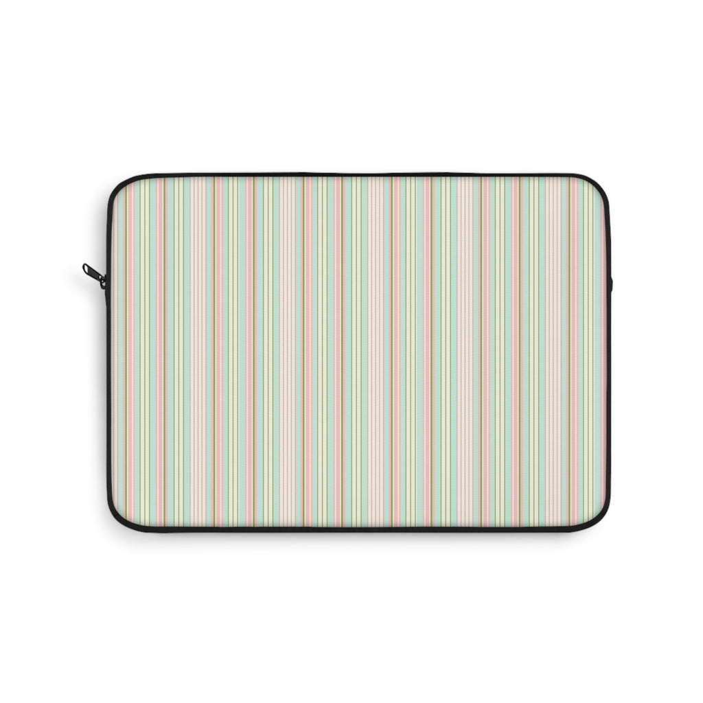 Striped tablet/laptop sleeve with black edge trim and vertical multicolor stripes