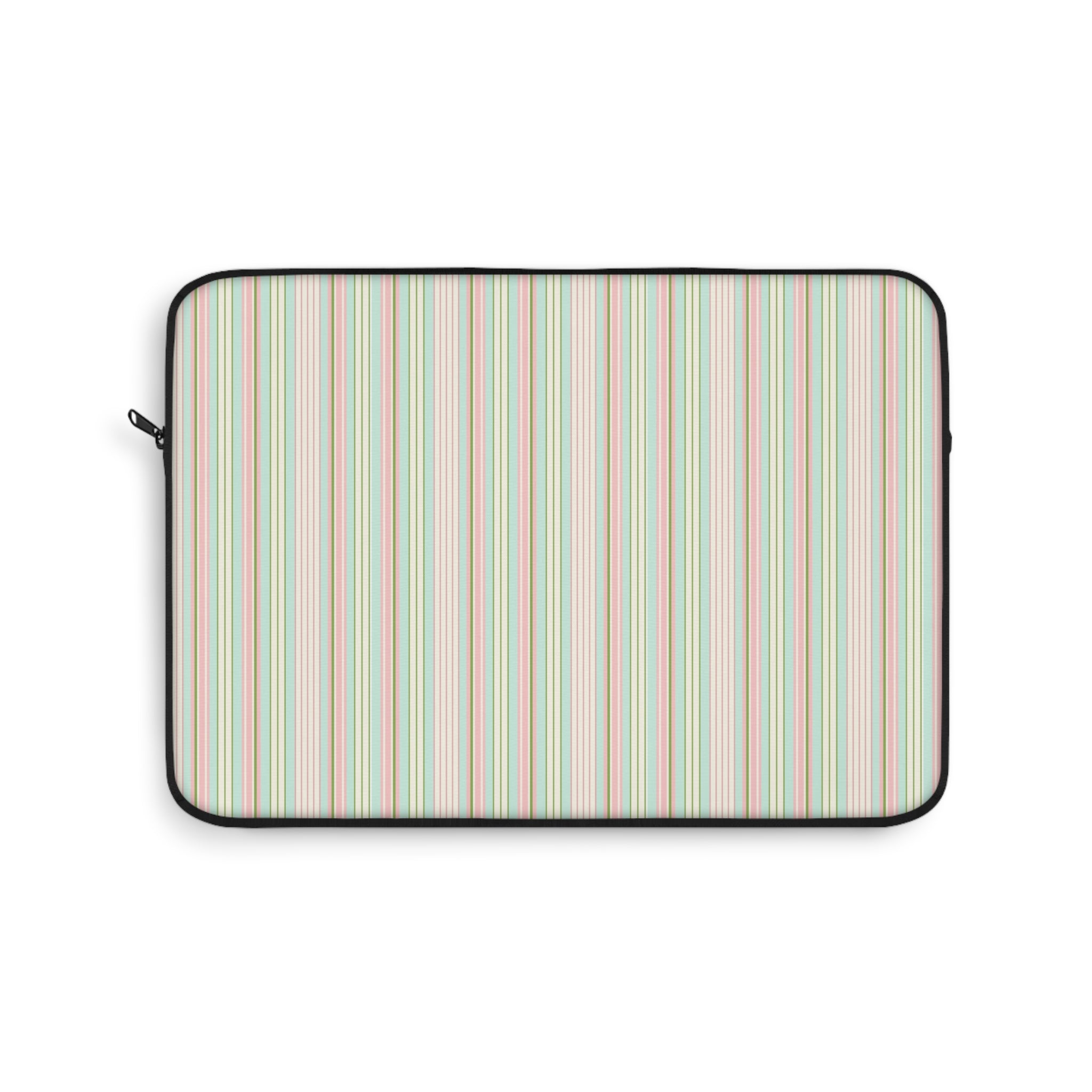 Striped tablet/laptop sleeve with black edge trim and vertical multicolor stripes
