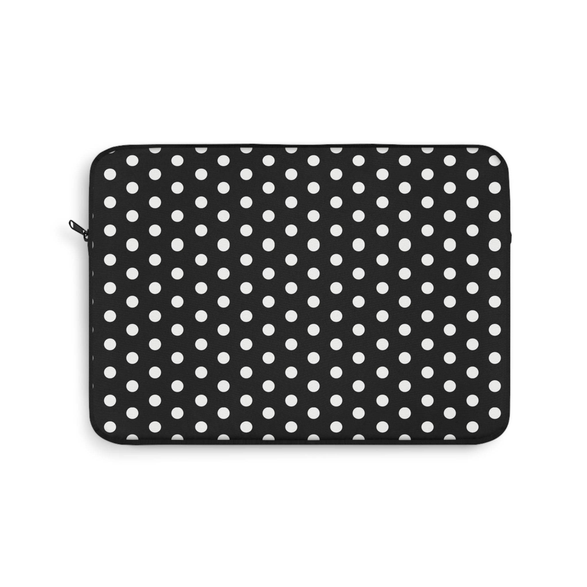 Black polka dot device sleeve with white dots, zippered front