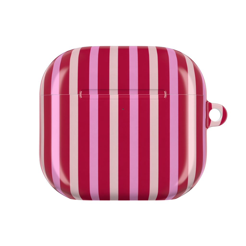 AirPod case with berry-and-blush vertical stripes, front view with side keyring loop