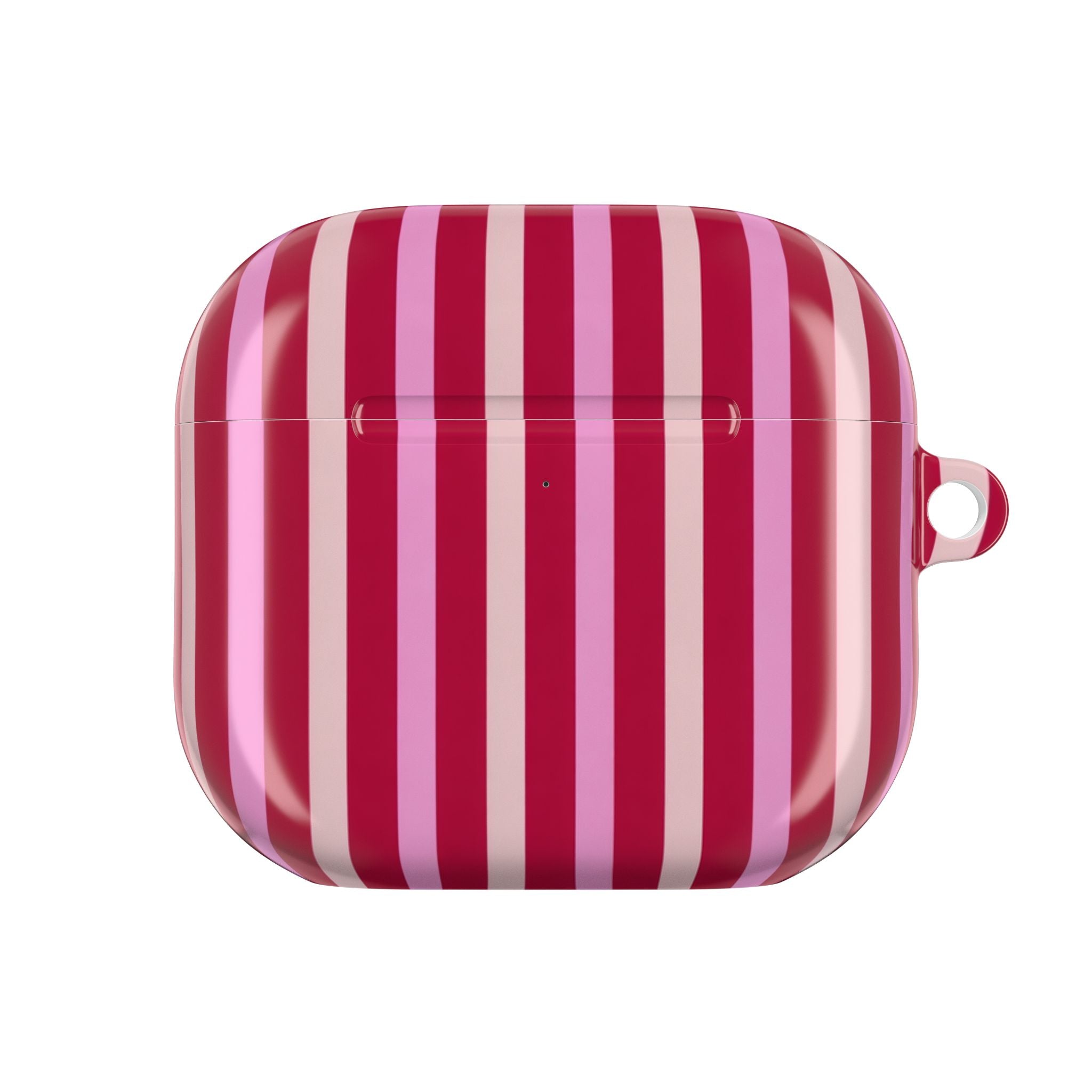 AirPod case with berry-and-blush vertical stripes, front view with side keyring loop