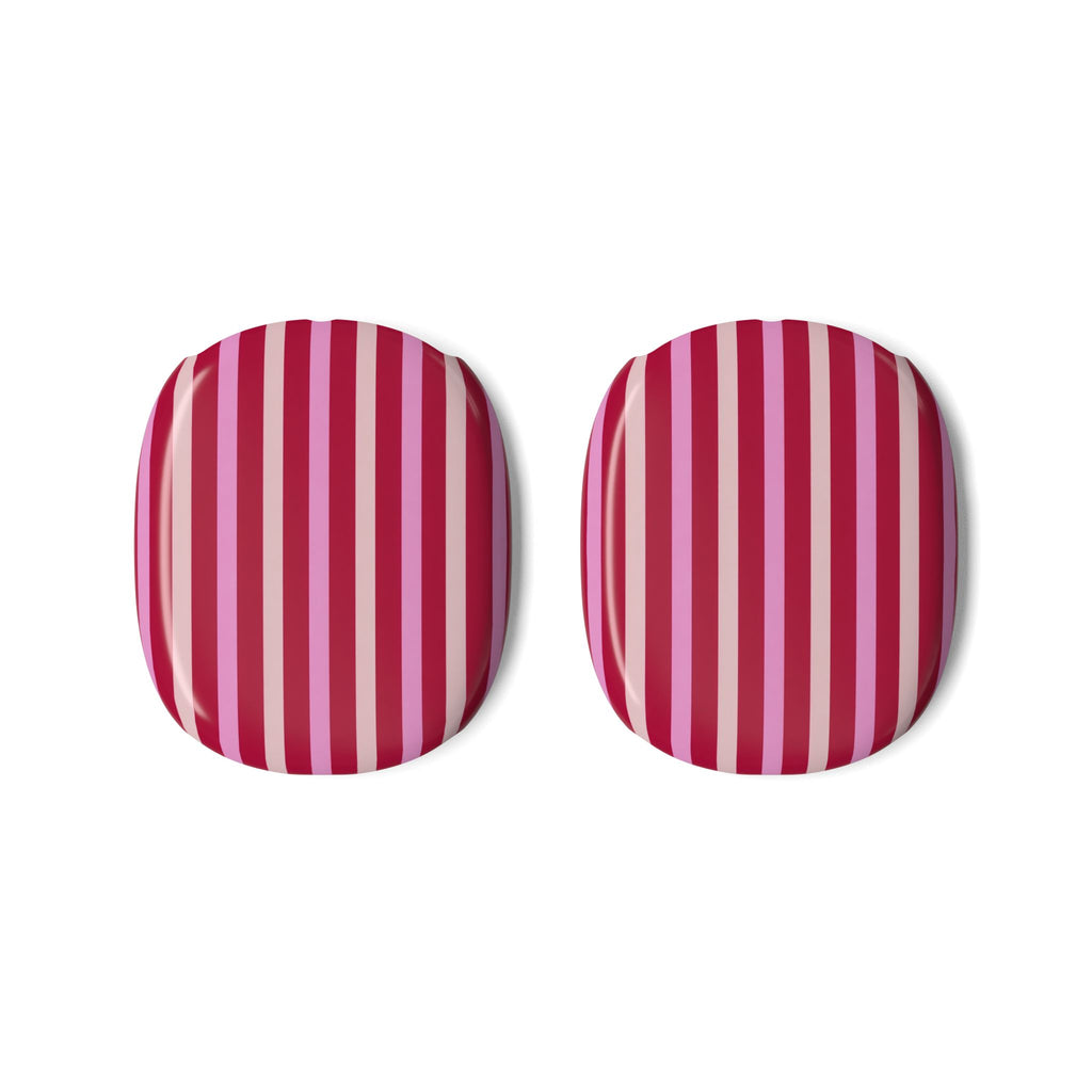 Striped AirPods Max case covers, berry pink and white vertical stripe pattern (2-pack).