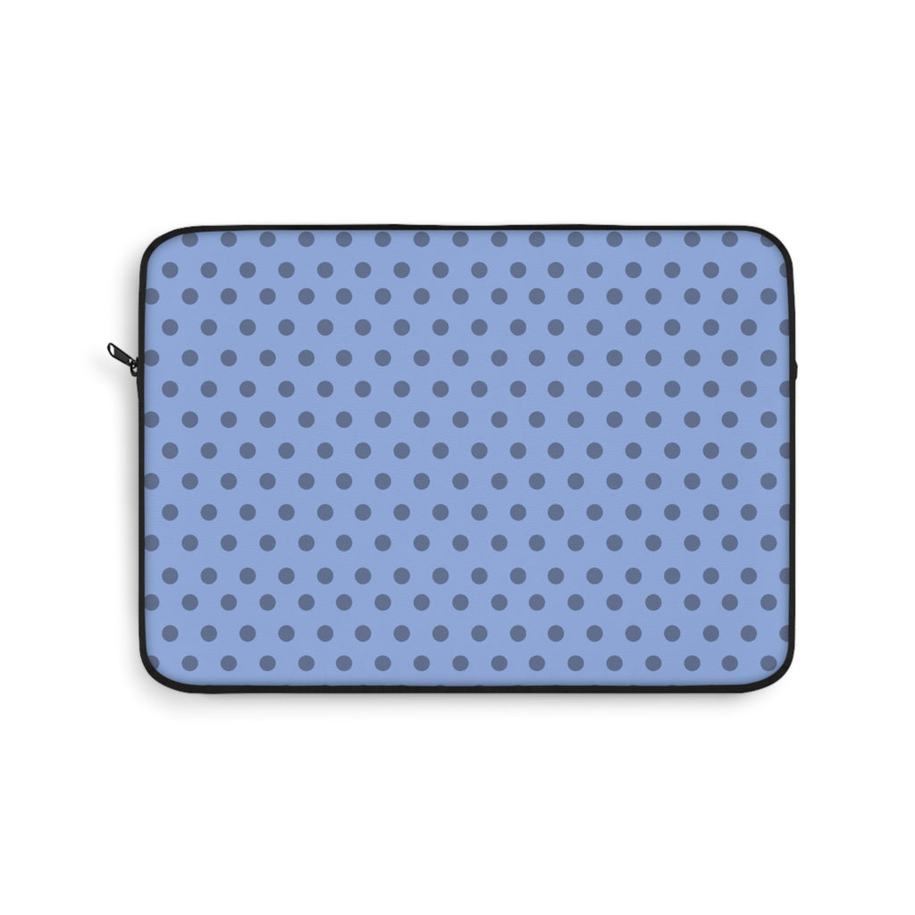 Neoprene device sleeve with blue-gray polka dot pattern and zip closure, black edge