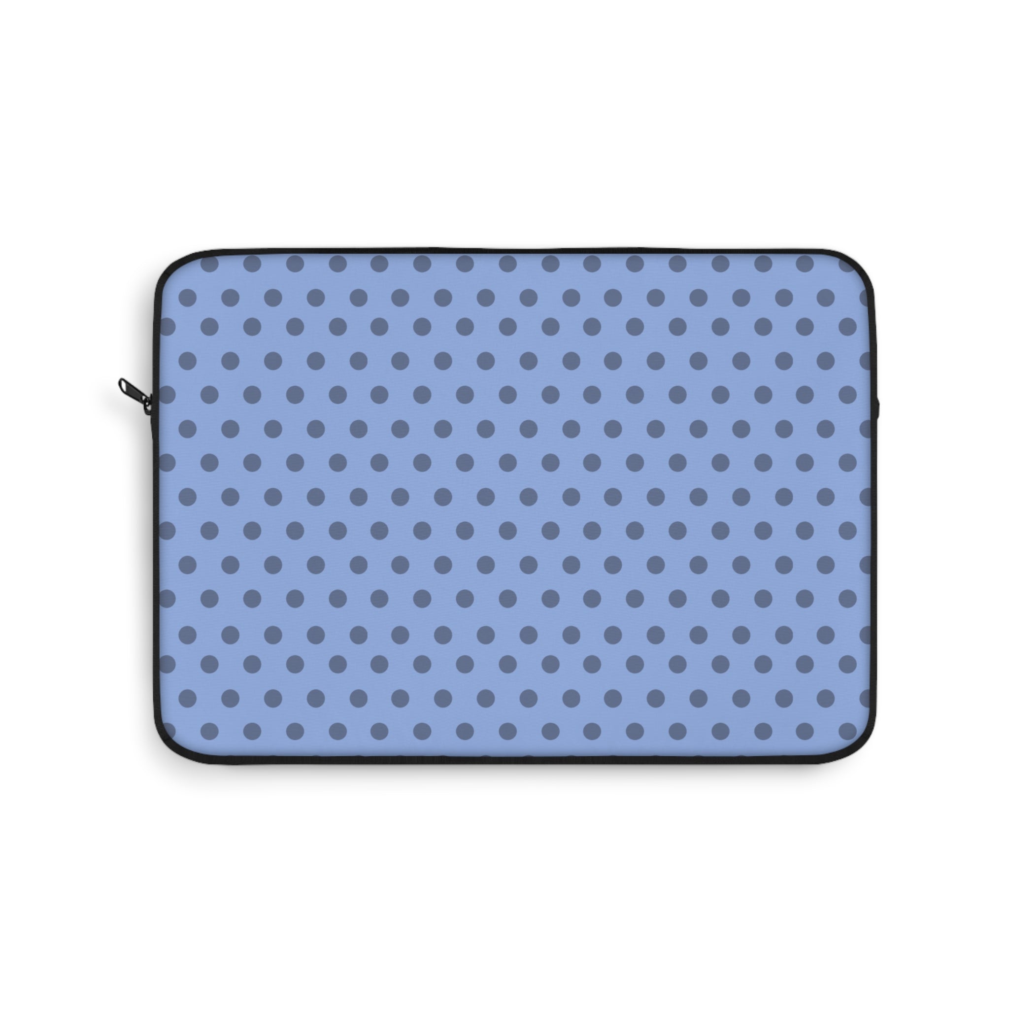 Neoprene device sleeve with blue-gray polka dot pattern and zip closure, black edge